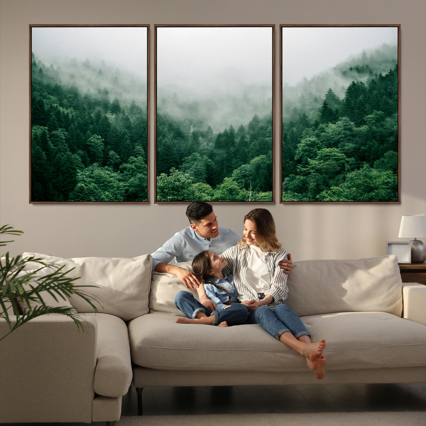 45265379-MGV-FC-60X30-3P_Walnut-Misty Green Forest Canvas Print – Serene Foggy Pine Landscape Wall Art, Tranquil Nature Decor for Bedroom, Meditation Room & Modern Homes