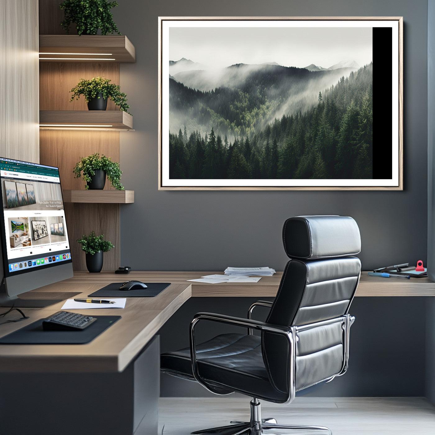 90953-MGC-FP-36x24_Natural-Misty Mountain Forest Canvas Wall Art Print – Serene Evergreen Landscape Wall Decor for Home or Office – Ready to Hang Nature Print