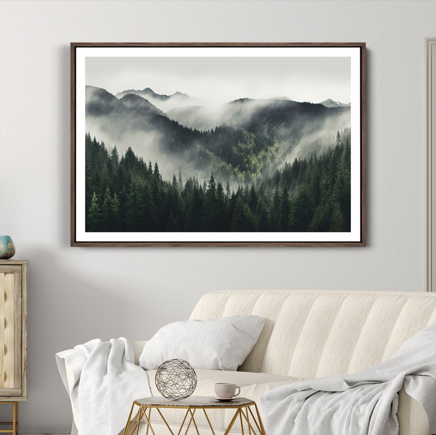 90953-MGC-FP-36x24_Walnut-Misty Mountain Forest Canvas Wall Art Print – Serene Evergreen Landscape Wall Decor for Home or