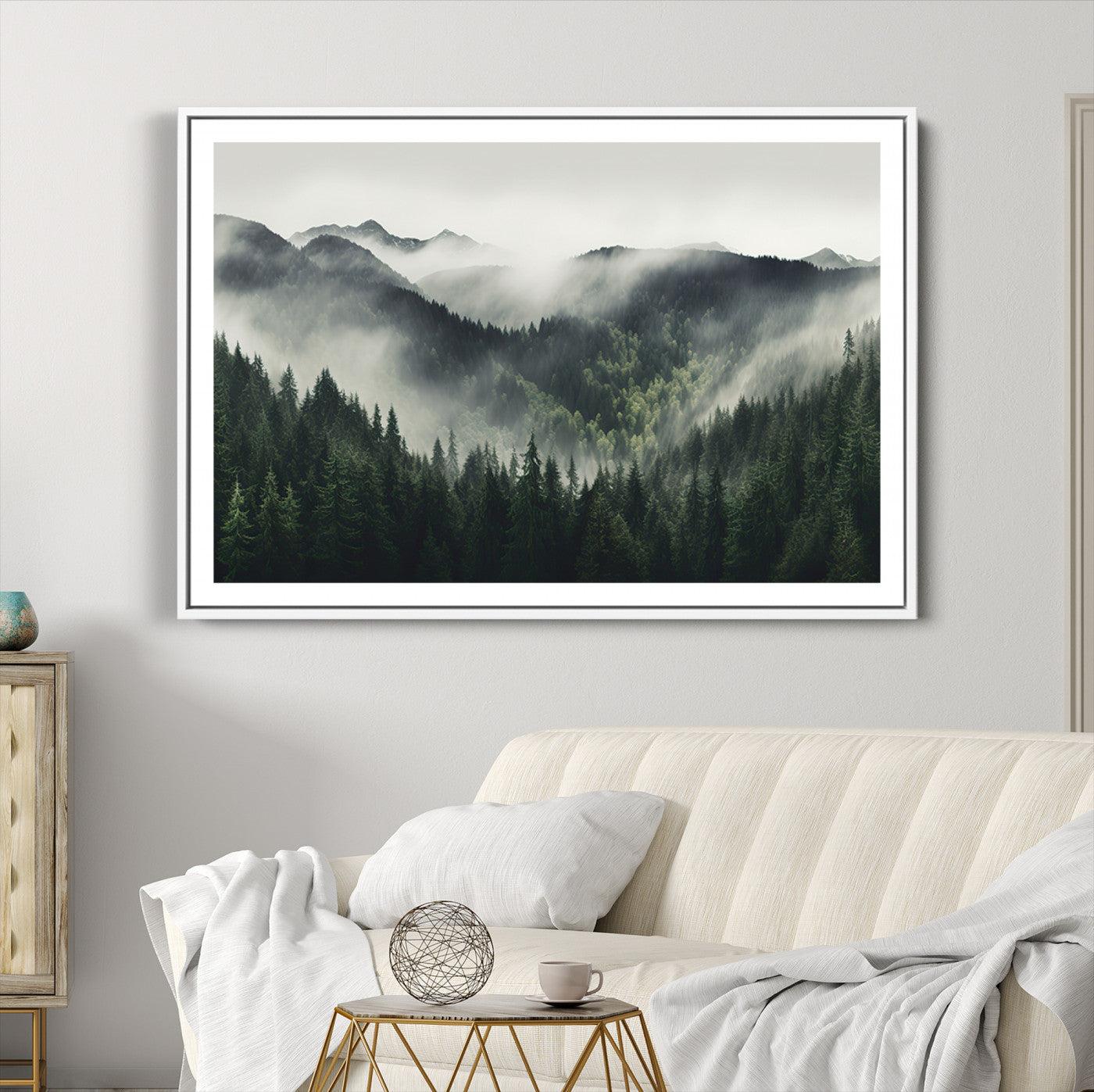 90953-MGC-FP-36x24_White-Misty Mountain Forest Canvas Wall Art Print – Serene Evergreen Landscape Wall Decor for Home or
