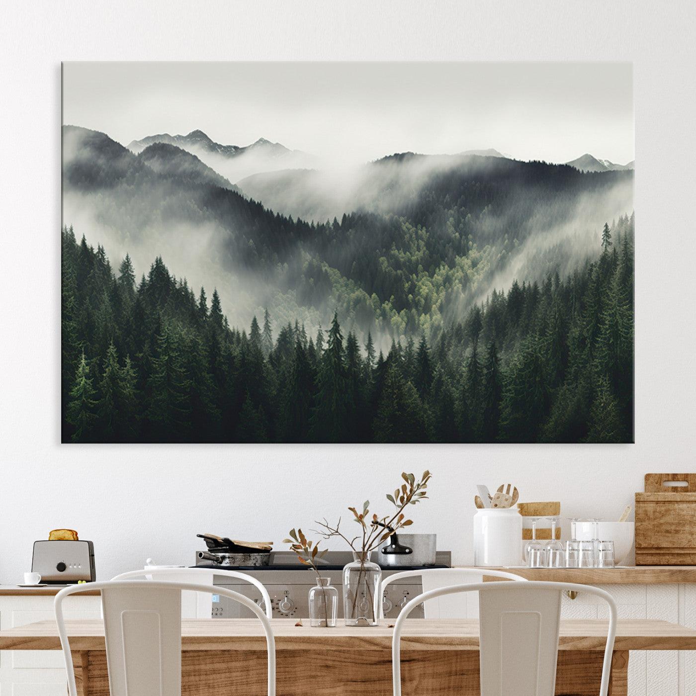 Misty Mountain Forest Canvas Wall Art Print – Serene Evergreen Landscape Wall Decor for Home or Office – Ready to Hang Nature Print
