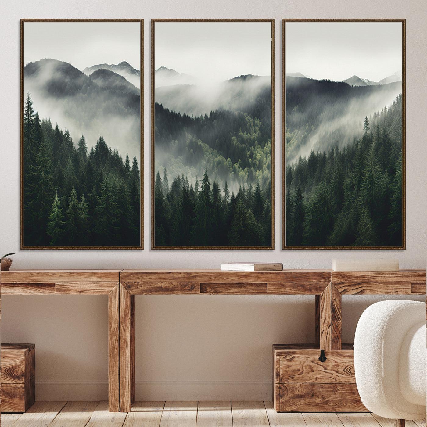 90953-MGV-CV-36X24-Misty Mountain Forest Canvas Wall Art Print – Serene Evergreen Landscape Wall Decor for Home or Office – Ready to Hang Nature Print