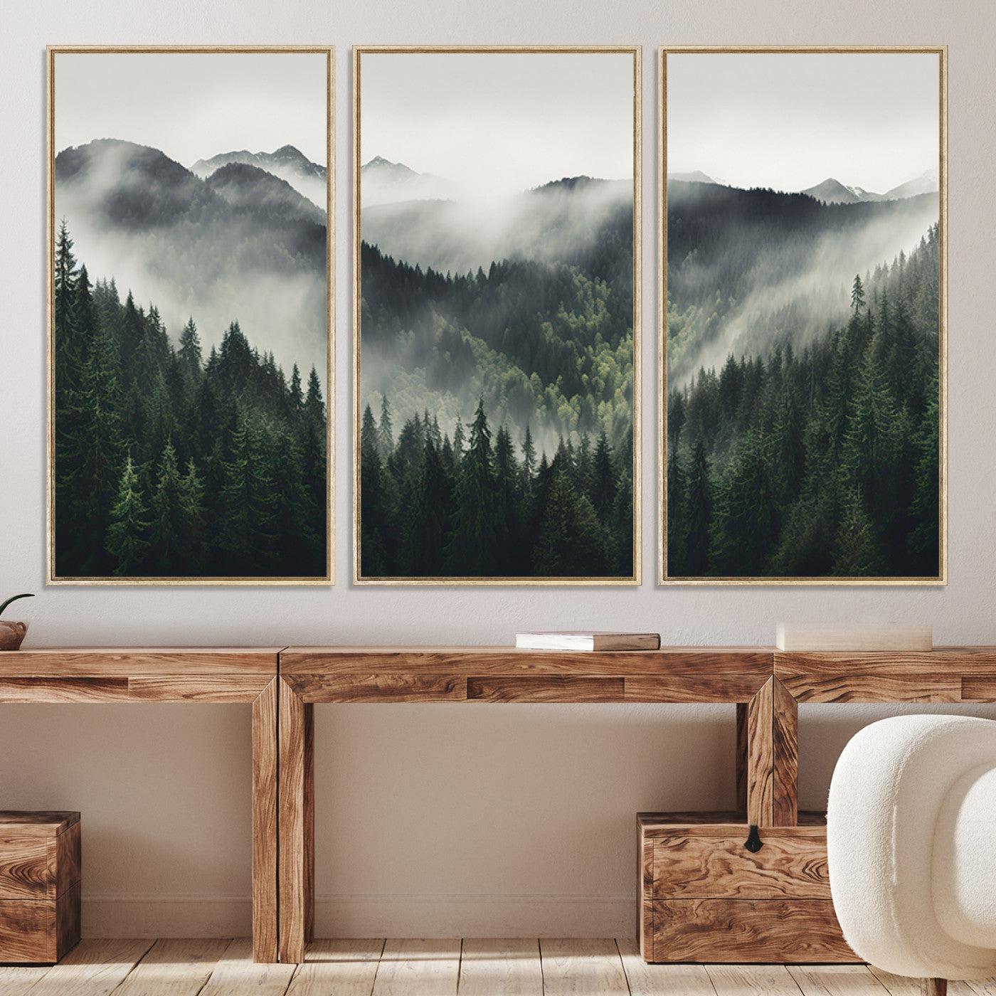 90953-MGV-CV-36X24-Misty Mountain Forest Canvas Wall Art Print – Serene Evergreen Landscape Wall Decor for Home or Office – Ready to Hang Nature Print