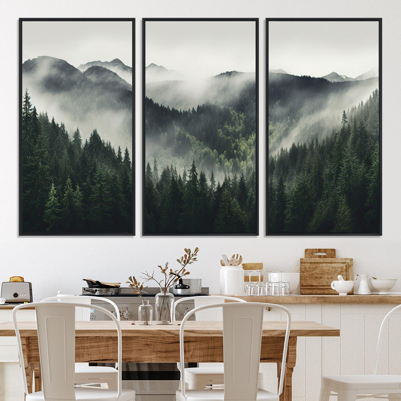 90953-MGV-CV-36X24-Misty Mountain Forest Canvas Wall Art Print – Serene Evergreen Landscape Wall Decor for Home or Office – Ready to Hang Nature Print