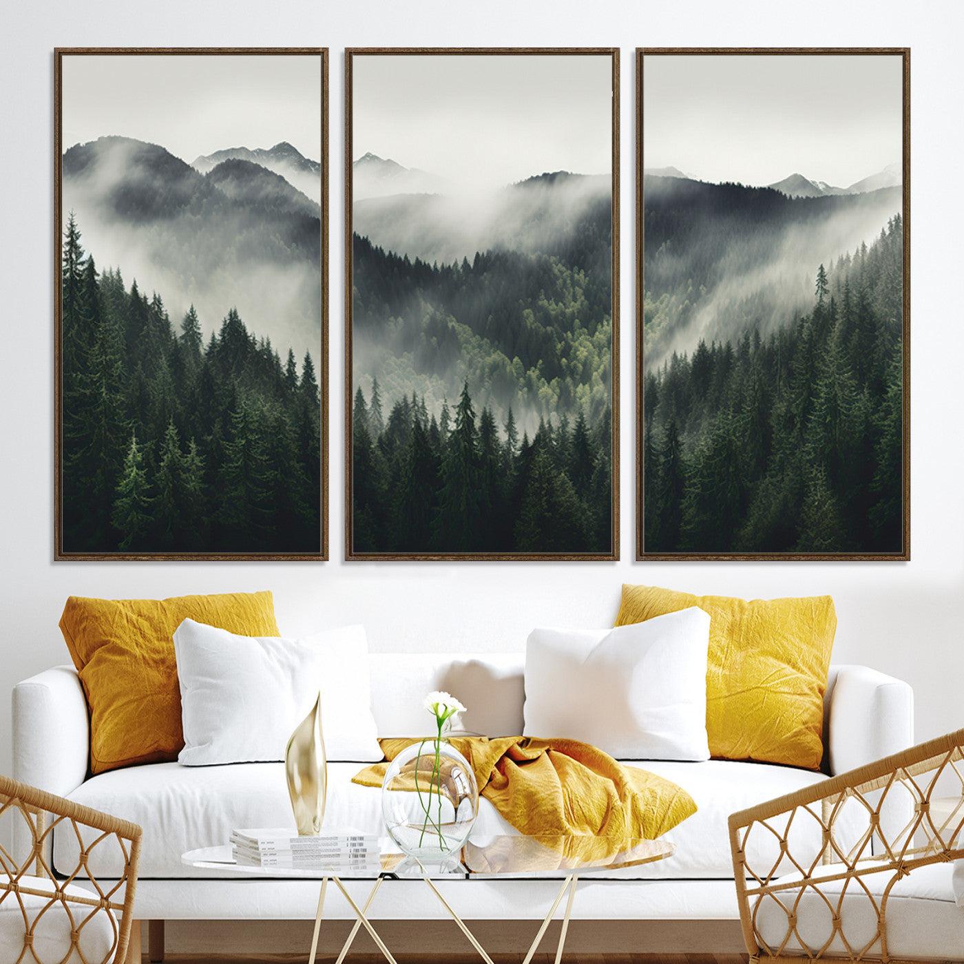 90953-MGV-CV-36X24-Misty Mountain Forest Canvas Wall Art Print – Serene Evergreen Landscape Wall Decor for Home or Office – Ready to Hang Nature Print