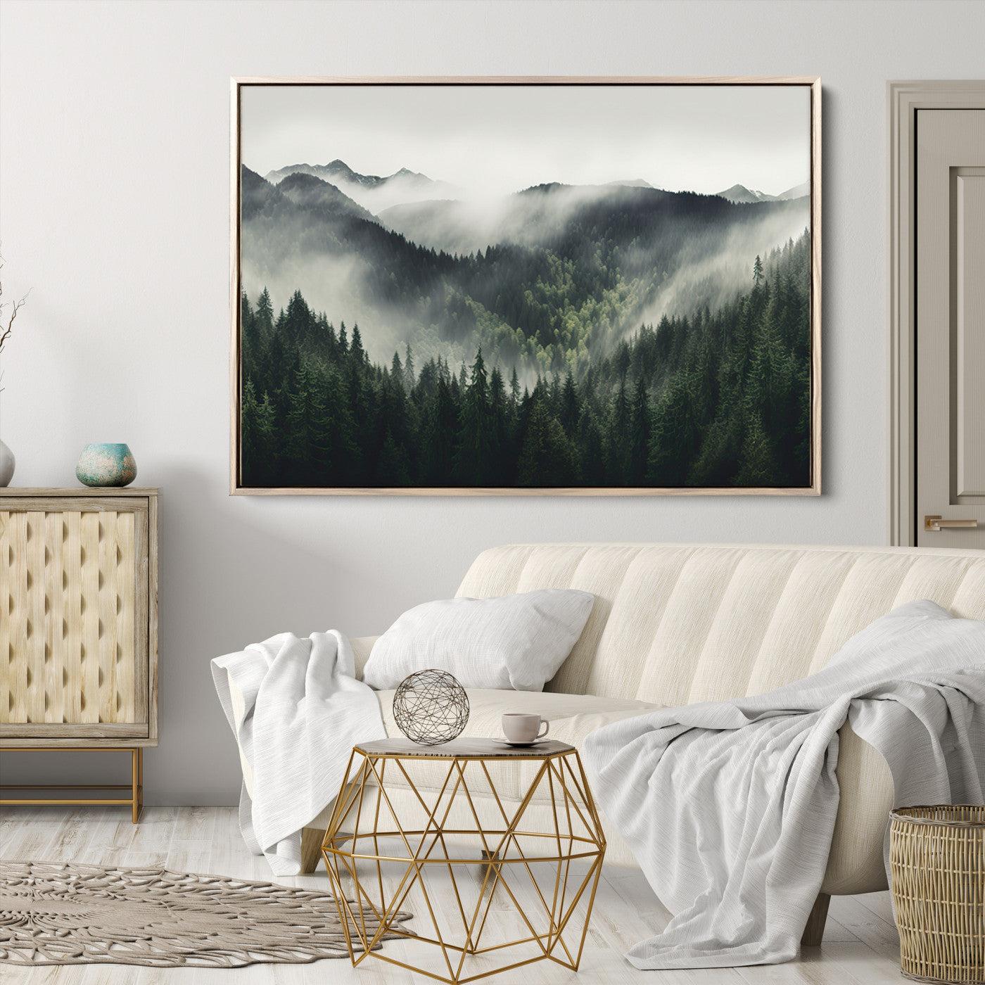 Misty Mountain Forest Canvas Wall Art Print – Serene Evergreen Landscape Wall Decor for Home or Office – Ready to Hang Nature Print