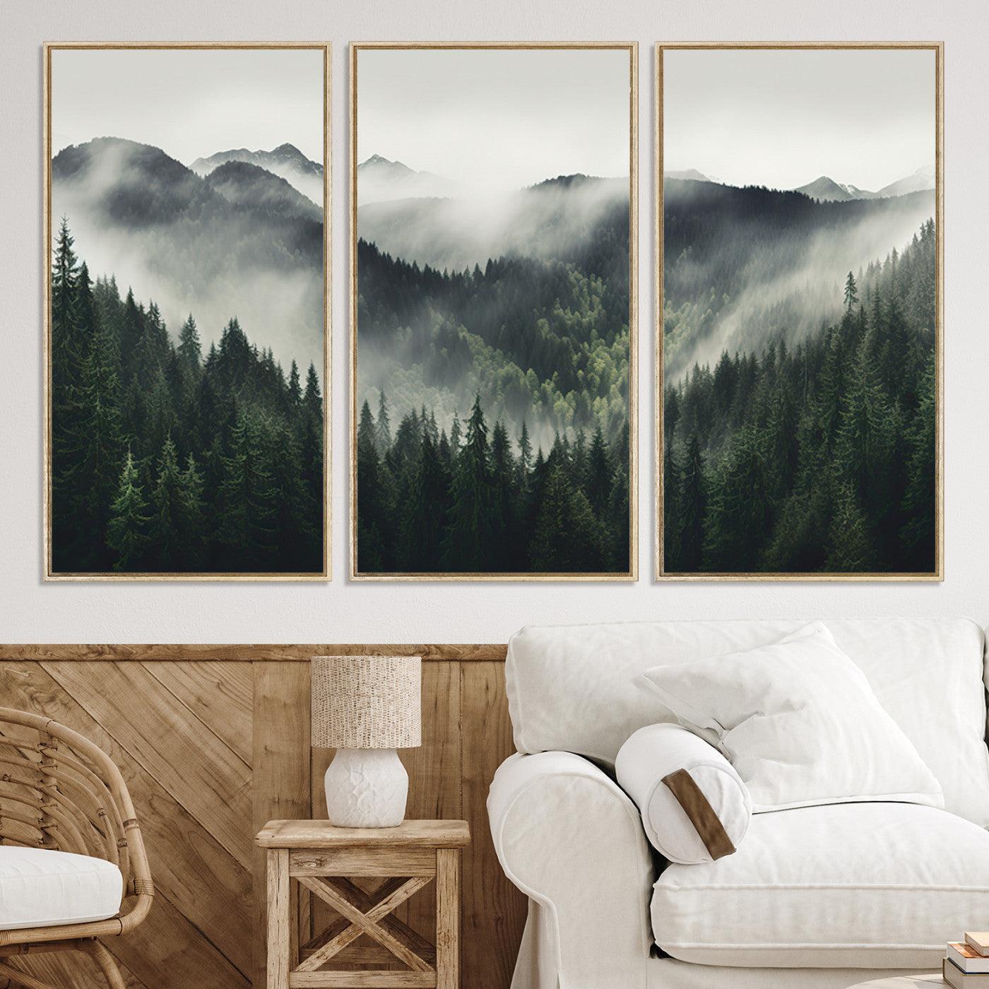 90953-MGV-CV-36X24-Misty Mountain Forest Canvas Wall Art Print – Serene Evergreen Landscape Wall Decor for Home or Office – Ready to Hang Nature Print