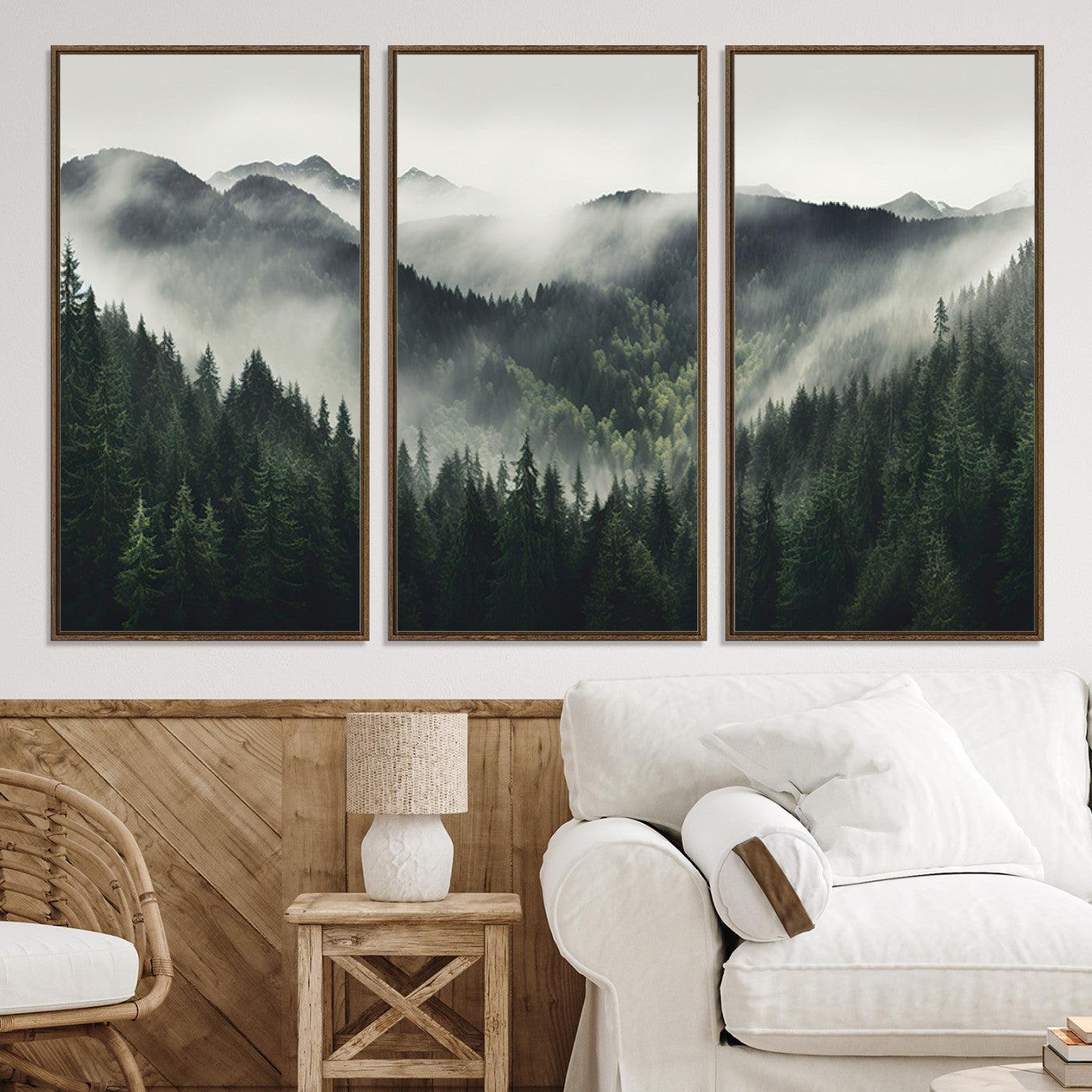 90953-MGV-CV-36X24-Misty Mountain Forest Canvas Wall Art Print – Serene Evergreen Landscape Wall Decor for Home or Office – Ready to Hang Nature Print