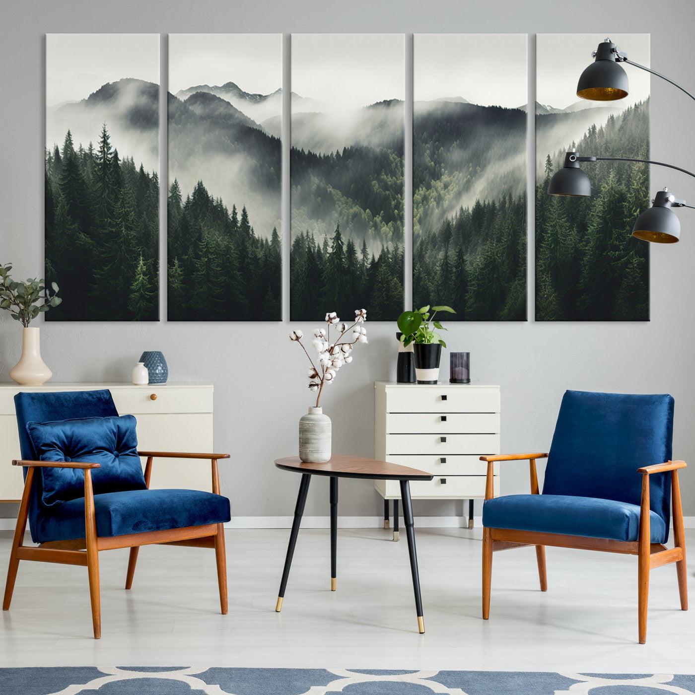 90953-MGV-CV-36X24-Misty Mountain Forest Canvas Wall Art Print – Serene Evergreen Landscape Wall Decor for Home or Office – Ready to Hang Nature Print