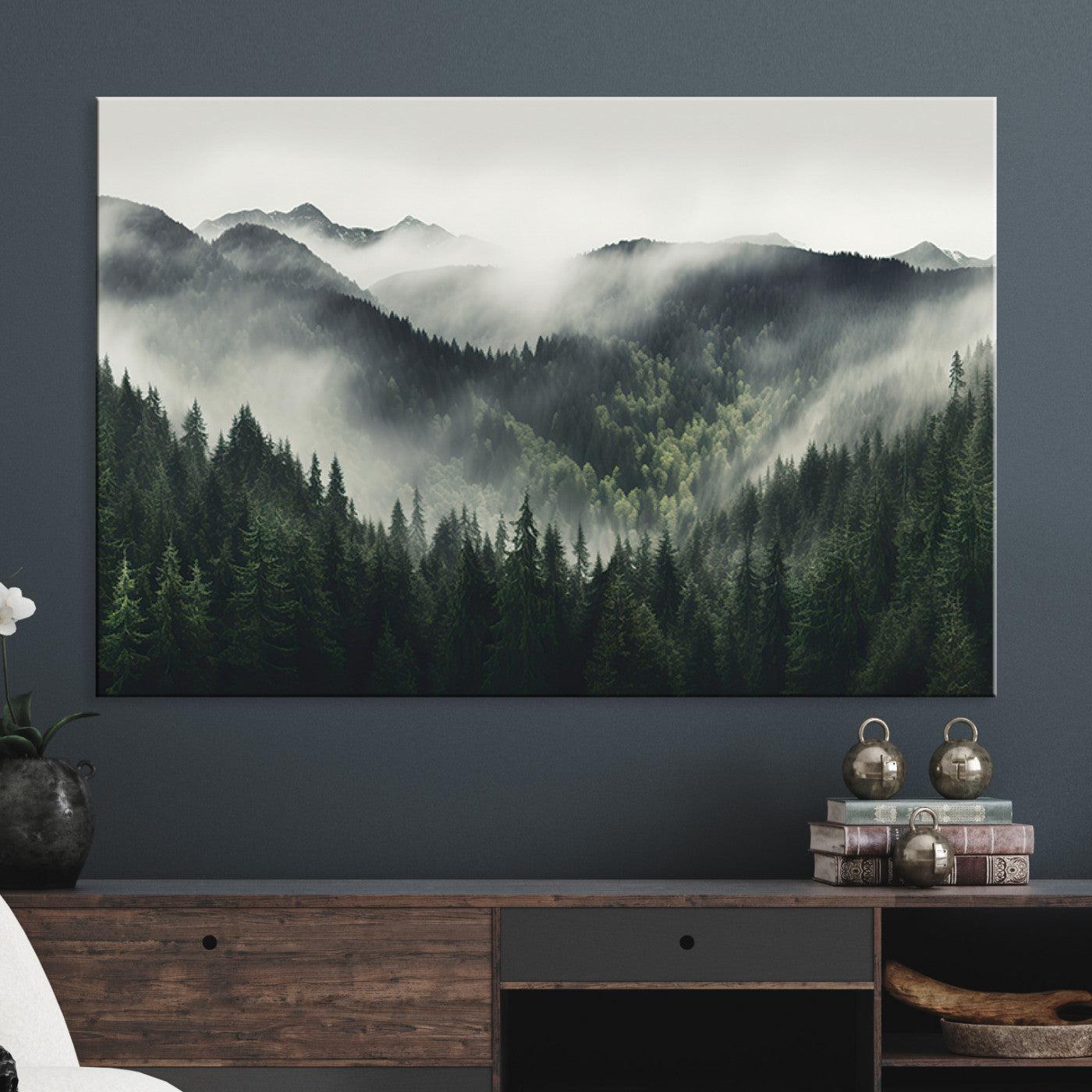 Misty Mountain Forest Canvas Wall Art Print – Serene Evergreen Landscape Wall Decor for Home or Office – Ready to Hang Nature Print