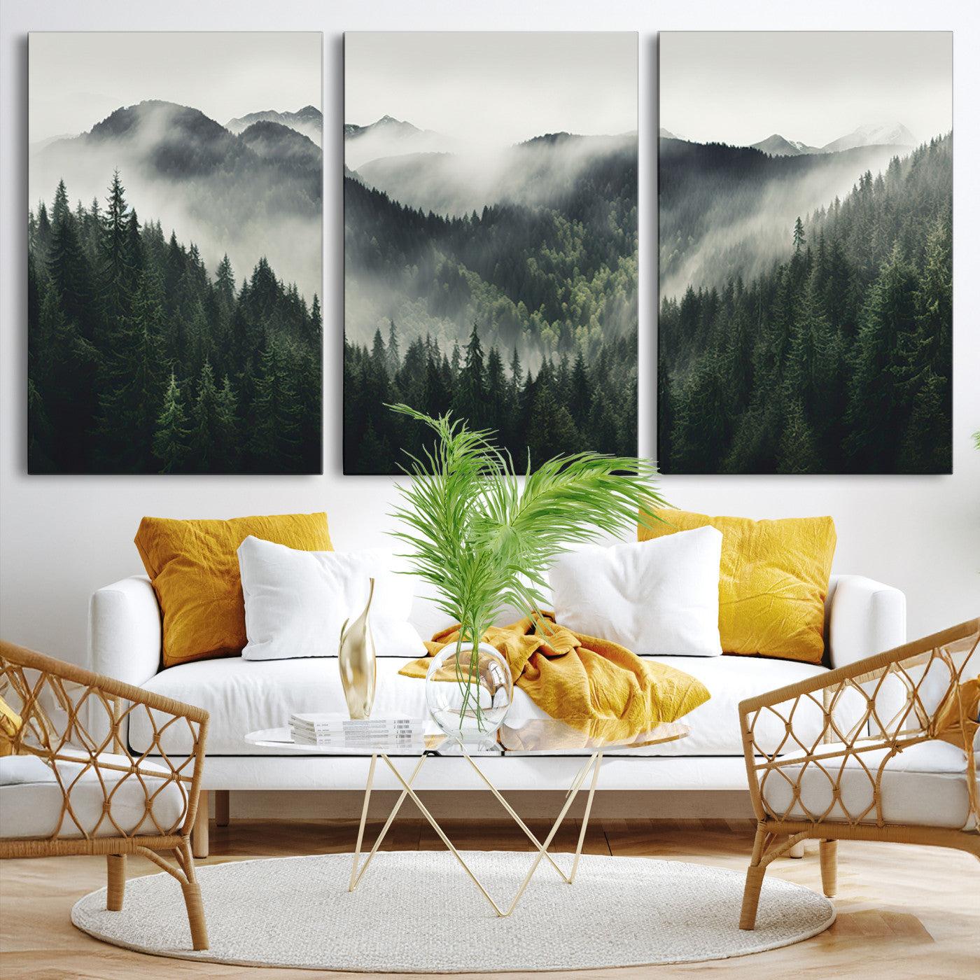 Misty Mountain Forest Canvas Wall Art Print – Serene Evergreen Landscape Wall Decor for Home or Office – Ready to Hang Nature Print