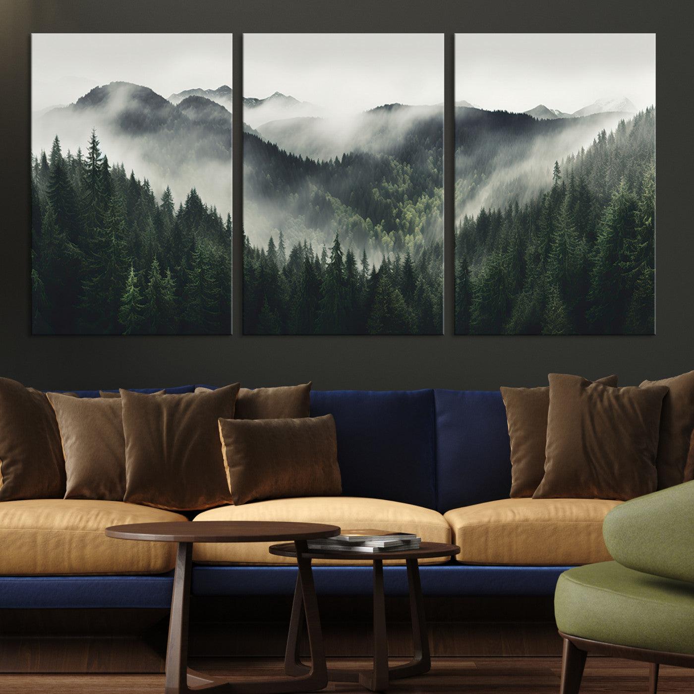 Misty Mountain Forest Canvas Wall Art Print – Serene Evergreen Landscape Wall Decor for Home or Office – Ready to Hang Nature Print