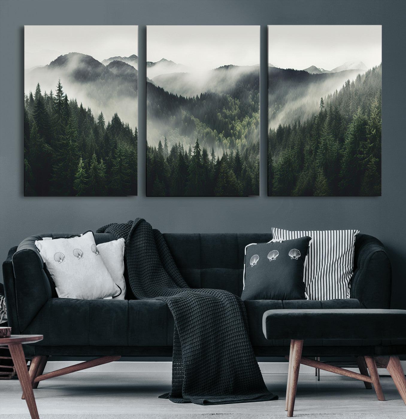 90953-MGV-CV-36X24-Misty Mountain Forest Canvas Wall Art Print – Serene Evergreen Landscape Wall Decor for Home or