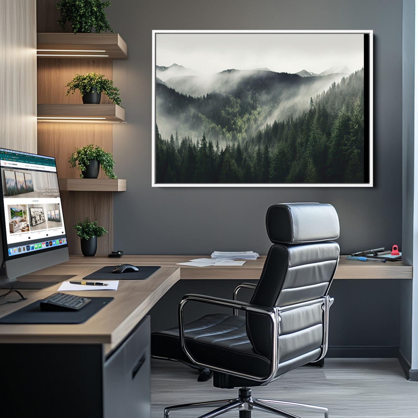 90953-MGV-CV-36X24-Misty Mountain Forest Canvas Wall Art Print – Serene Evergreen Landscape Wall Decor for Home or Office – Ready to Hang Nature Print