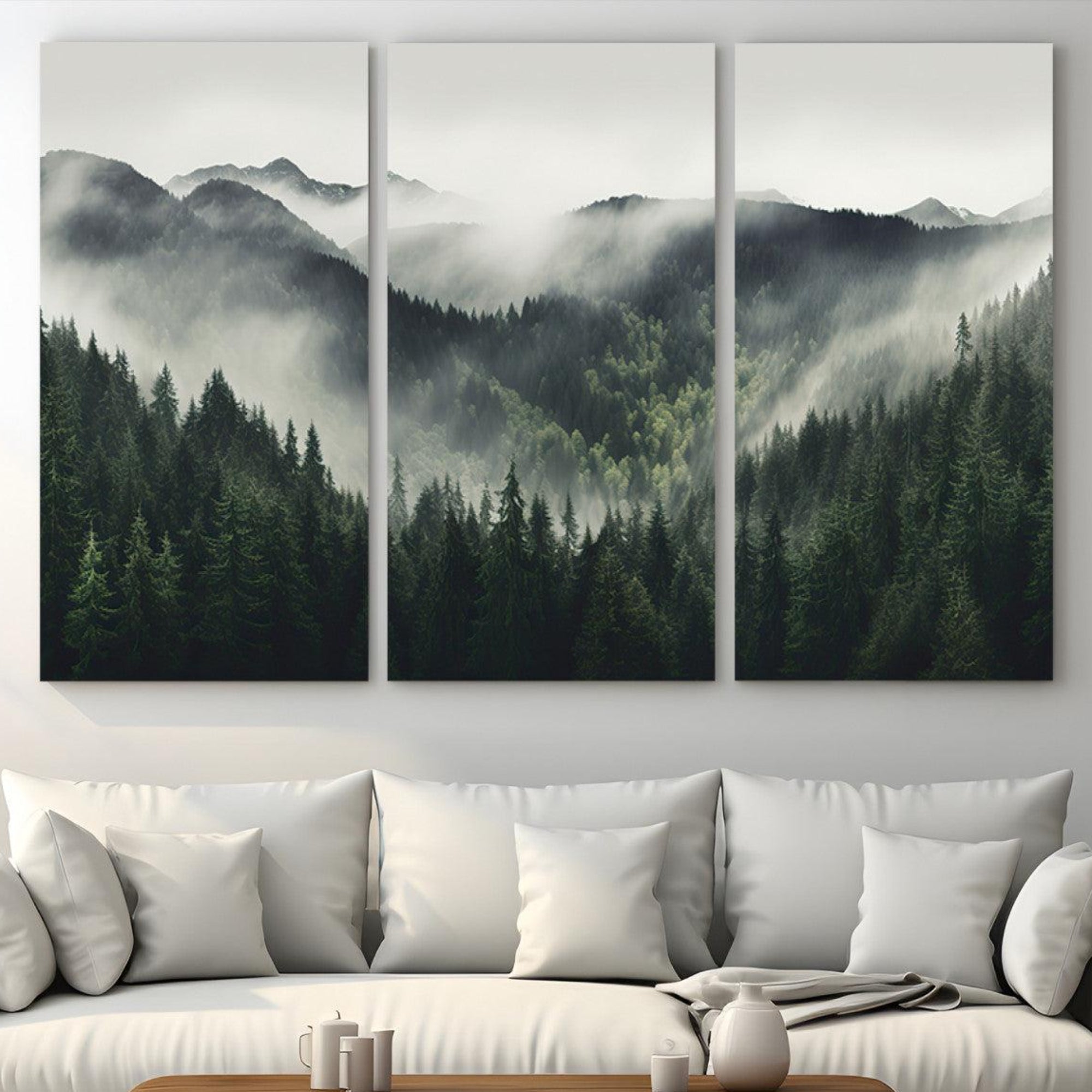 90953-MGV-CV-36X24-Misty Mountain Forest Canvas Wall Art Print – Serene Evergreen Landscape Wall Decor for Home or
