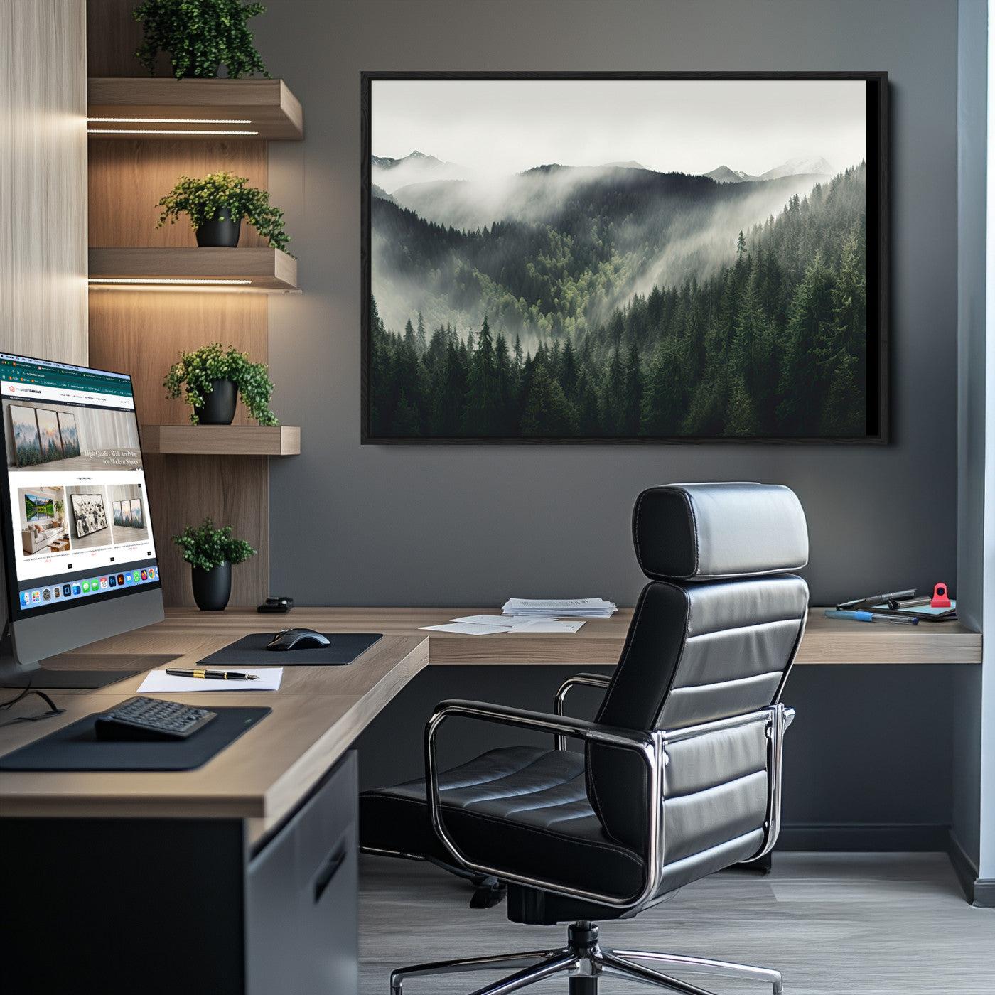 90953-MGV-CV-36X24-Misty Mountain Forest Canvas Wall Art Print – Serene Evergreen Landscape Wall Decor for Home or Office – Ready to Hang Nature Print
