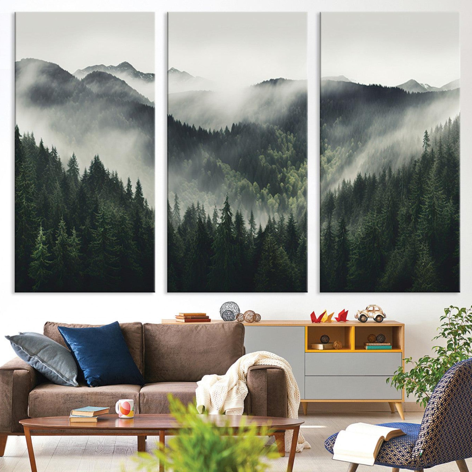 90953-MGV-CV-36X24-Misty Mountain Forest Canvas Wall Art Print – Serene Evergreen Landscape Wall Decor for Home or