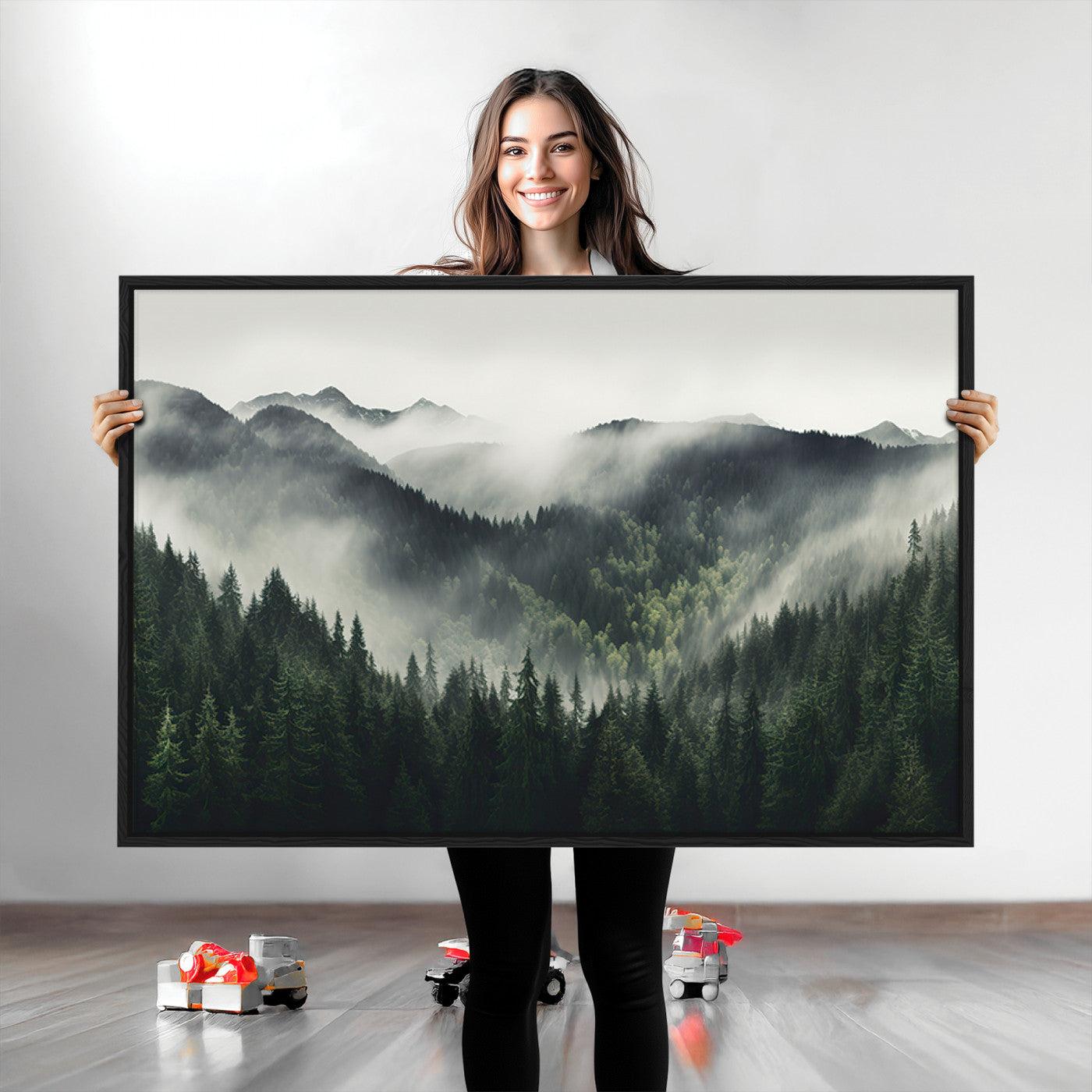 Misty Mountain Forest Canvas Wall Art Print – Serene Evergreen Landscape Wall Decor for Home or Office – Ready to Hang Nature Print