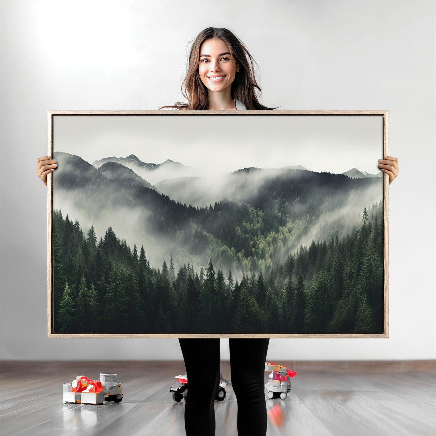 90953-MGV-CV-36X24-Misty Mountain Forest Canvas Wall Art Print – Serene Evergreen Landscape Wall Decor for Home or Office – Ready to Hang Nature Print