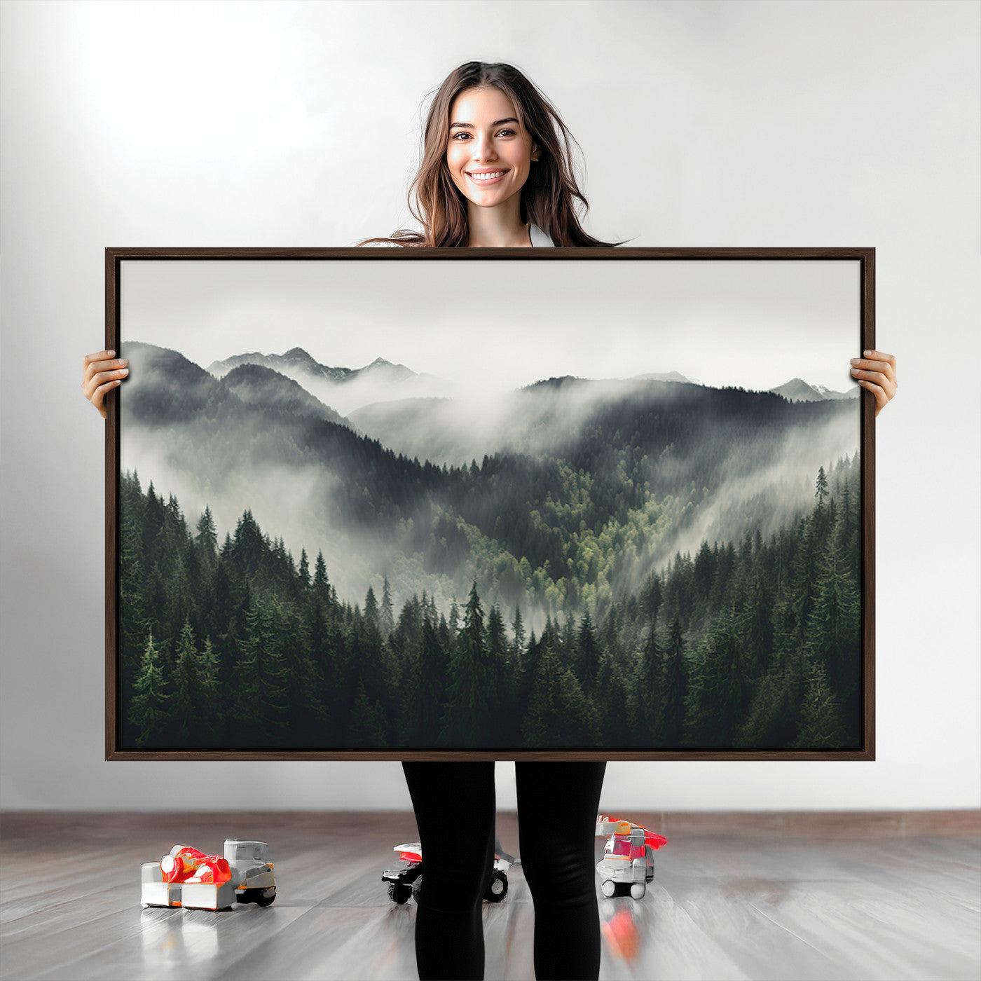 90953-MGV-CV-36X24-Misty Mountain Forest Canvas Wall Art Print – Serene Evergreen Landscape Wall Decor for Home or Office – Ready to Hang Nature Print