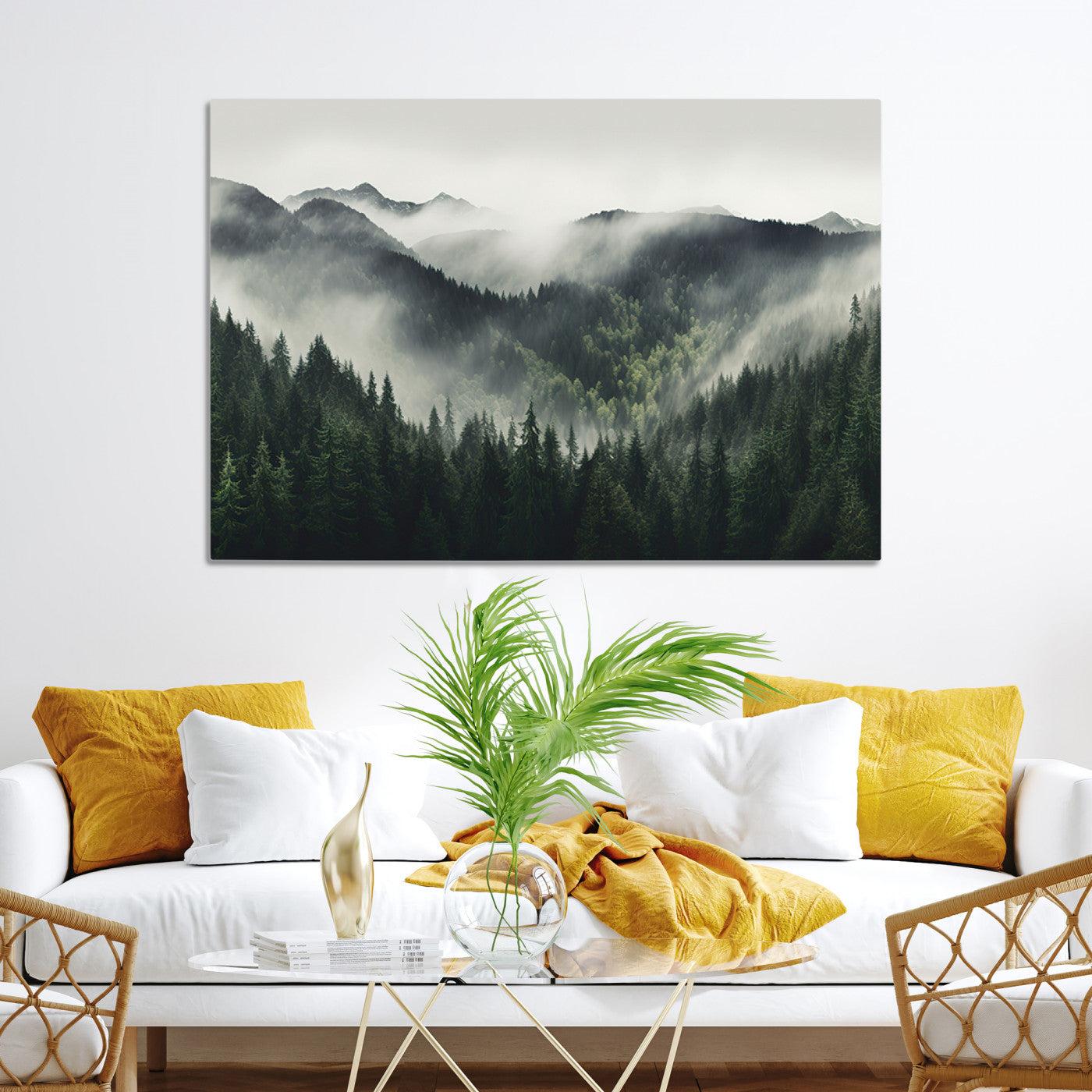 Misty Mountain Forest Canvas Wall Art Print – Serene Evergreen Landscape Wall Decor for Home or Office – Ready to Hang Nature Print