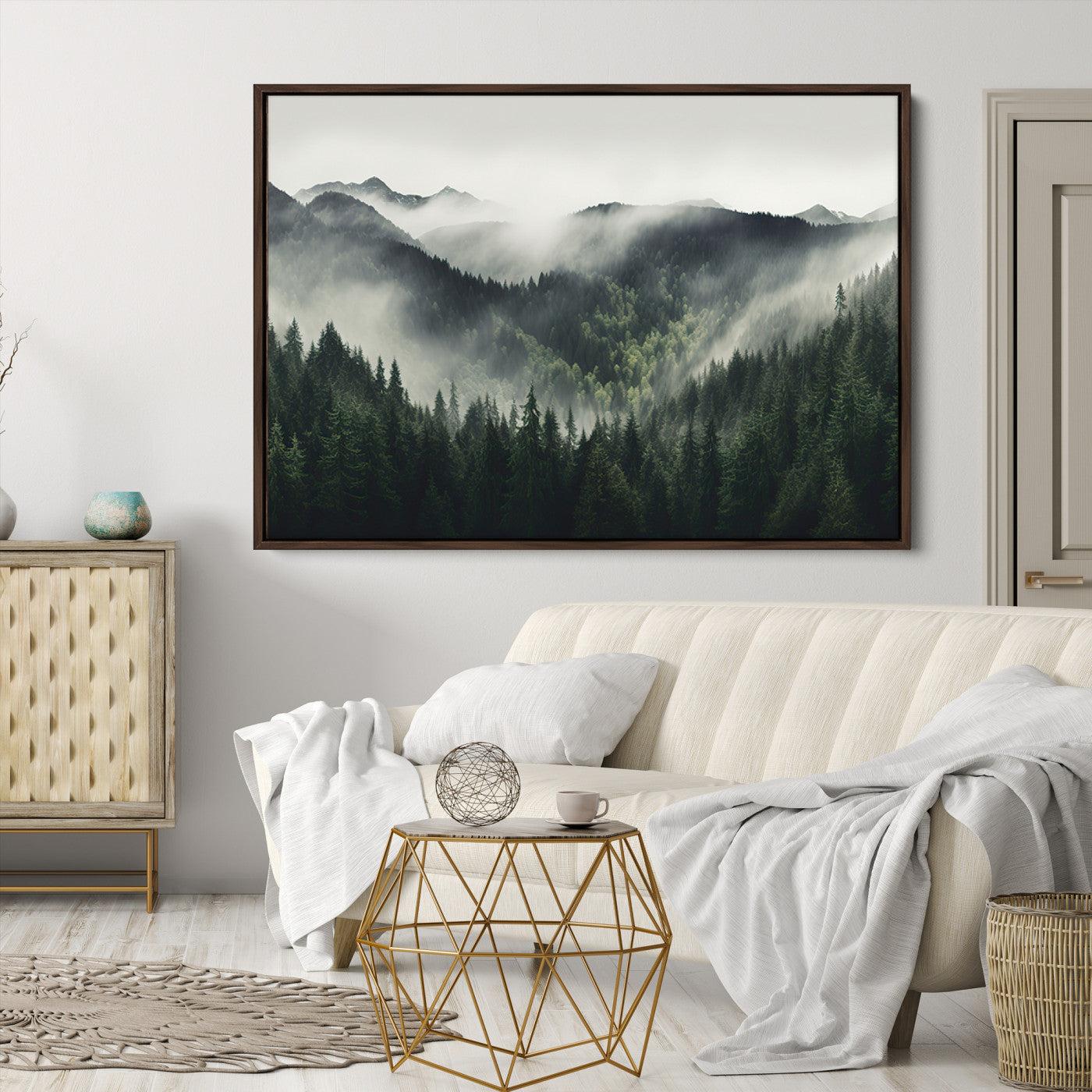 90953-MGV-CV-36X24-Misty Mountain Forest Canvas Wall Art Print – Serene Evergreen Landscape Wall Decor for Home or Office – Ready to Hang Nature Print