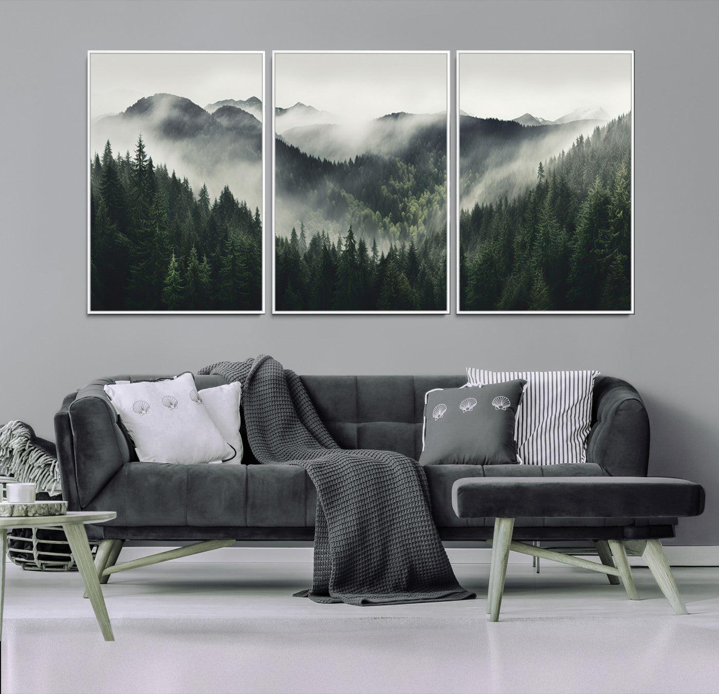 90953-MGV-CV-36X24-Misty Mountain Forest Canvas Wall Art Print – Serene Evergreen Landscape Wall Decor for Home or