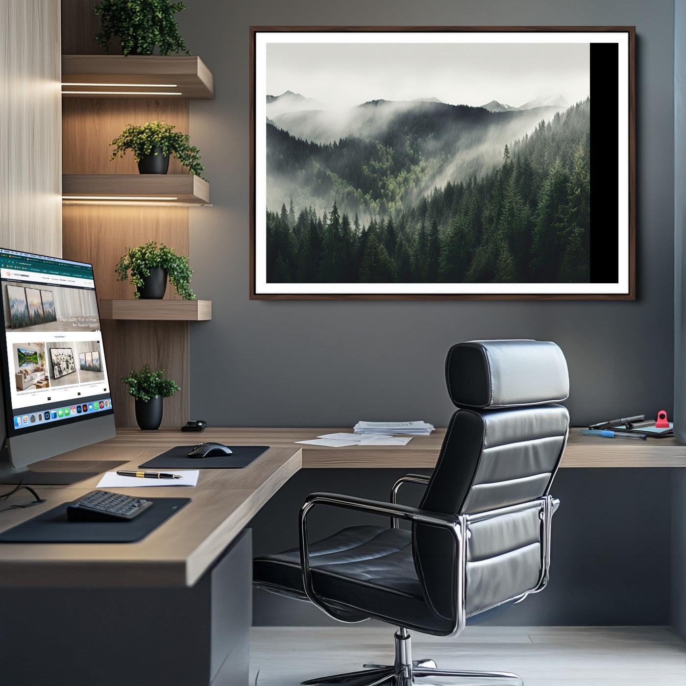 90953-MGV-CV-36X24-Misty Mountain Forest Canvas Wall Art Print – Serene Evergreen Landscape Wall Decor for Home or Office – Ready to Hang Nature Print