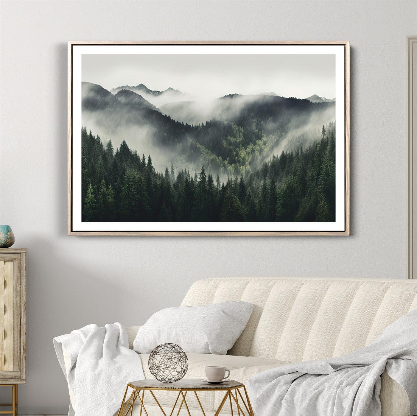 90953-MGV-CV-36X24-Misty Mountain Forest Canvas Wall Art Print – Serene Evergreen Landscape Wall Decor for Home or