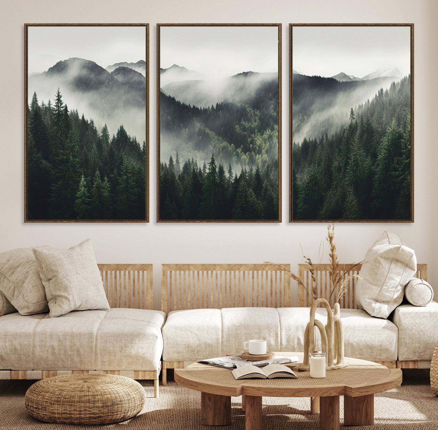 90953-MGV-CV-36X24-Misty Mountain Forest Canvas Wall Art Print – Serene Evergreen Landscape Wall Decor for Home or