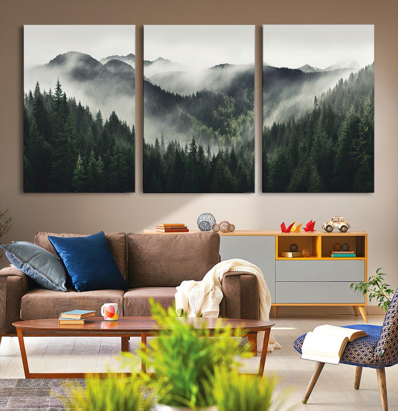90953-MGV-CV-36X24-Misty Mountain Forest Canvas Wall Art Print – Serene Evergreen Landscape Wall Decor for Home or