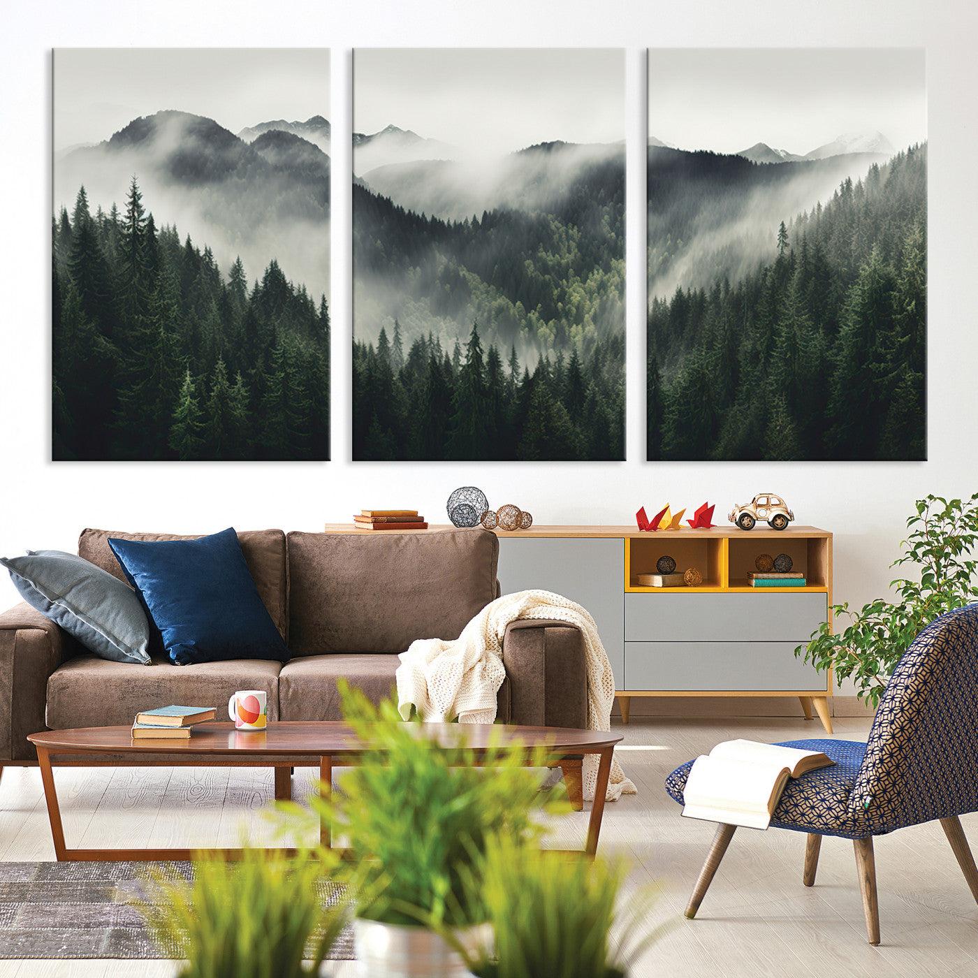 90953-MGV-CV-36X24-Misty Mountain Forest Canvas Wall Art Print – Serene Evergreen Landscape Wall Decor for Home or Office – Ready to Hang Nature Print