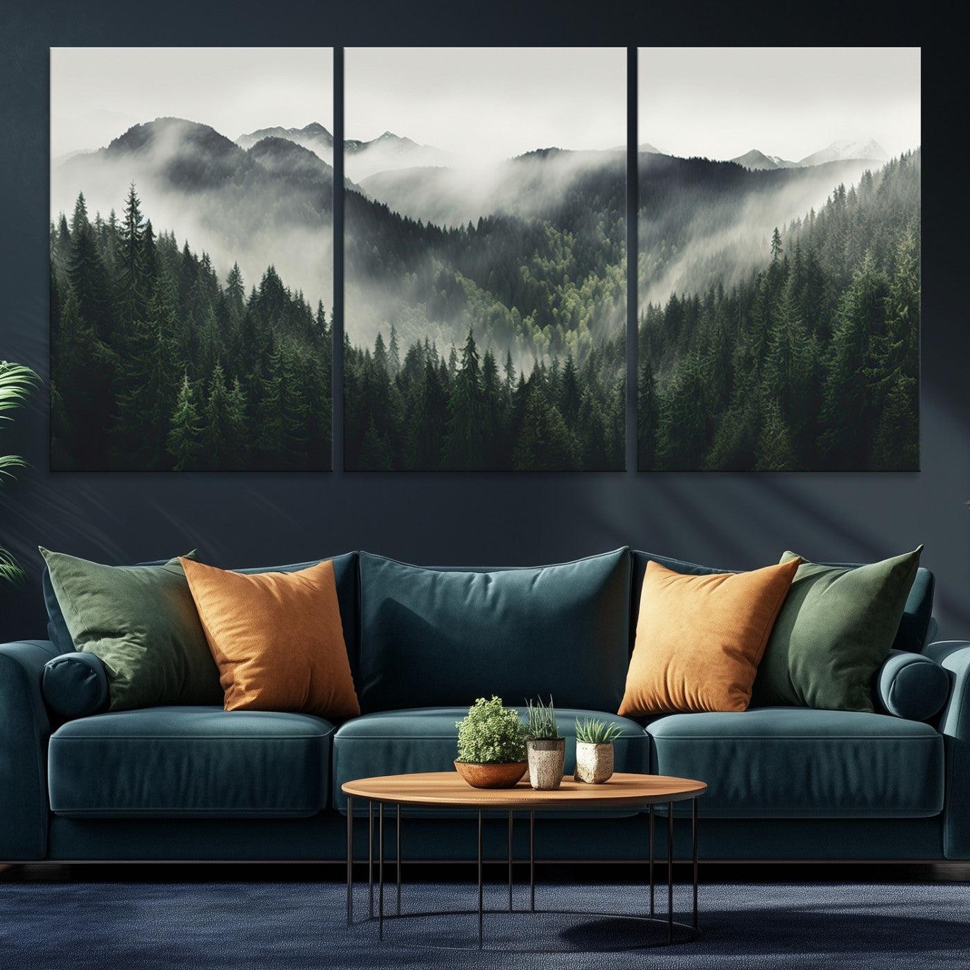 90953-MGV-CV-36X24-Misty Mountain Forest Canvas Wall Art Print – Serene Evergreen Landscape Wall Decor for Home or Office – Ready to Hang Nature Print