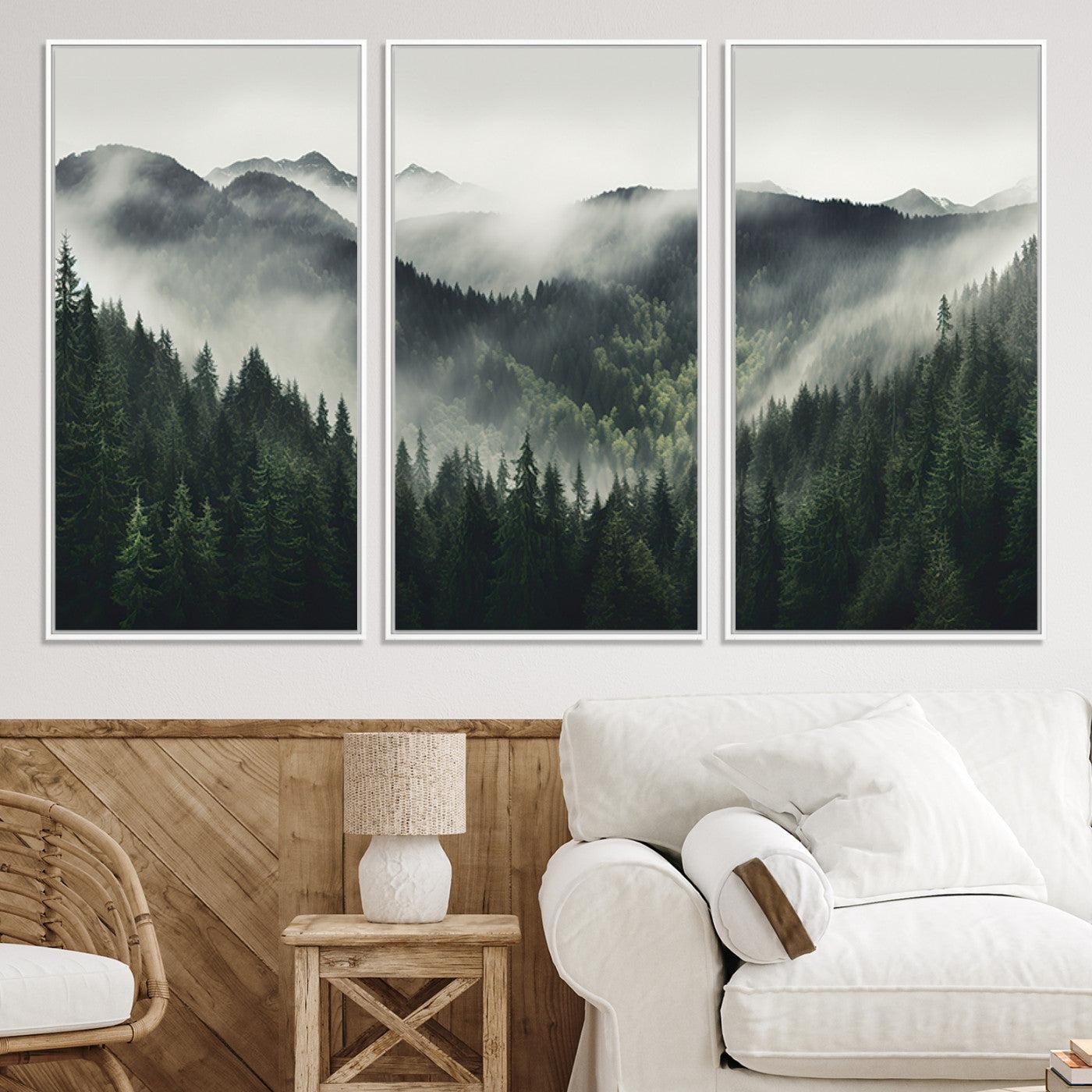 Misty Mountain Forest Canvas Wall Art Print – Serene Evergreen