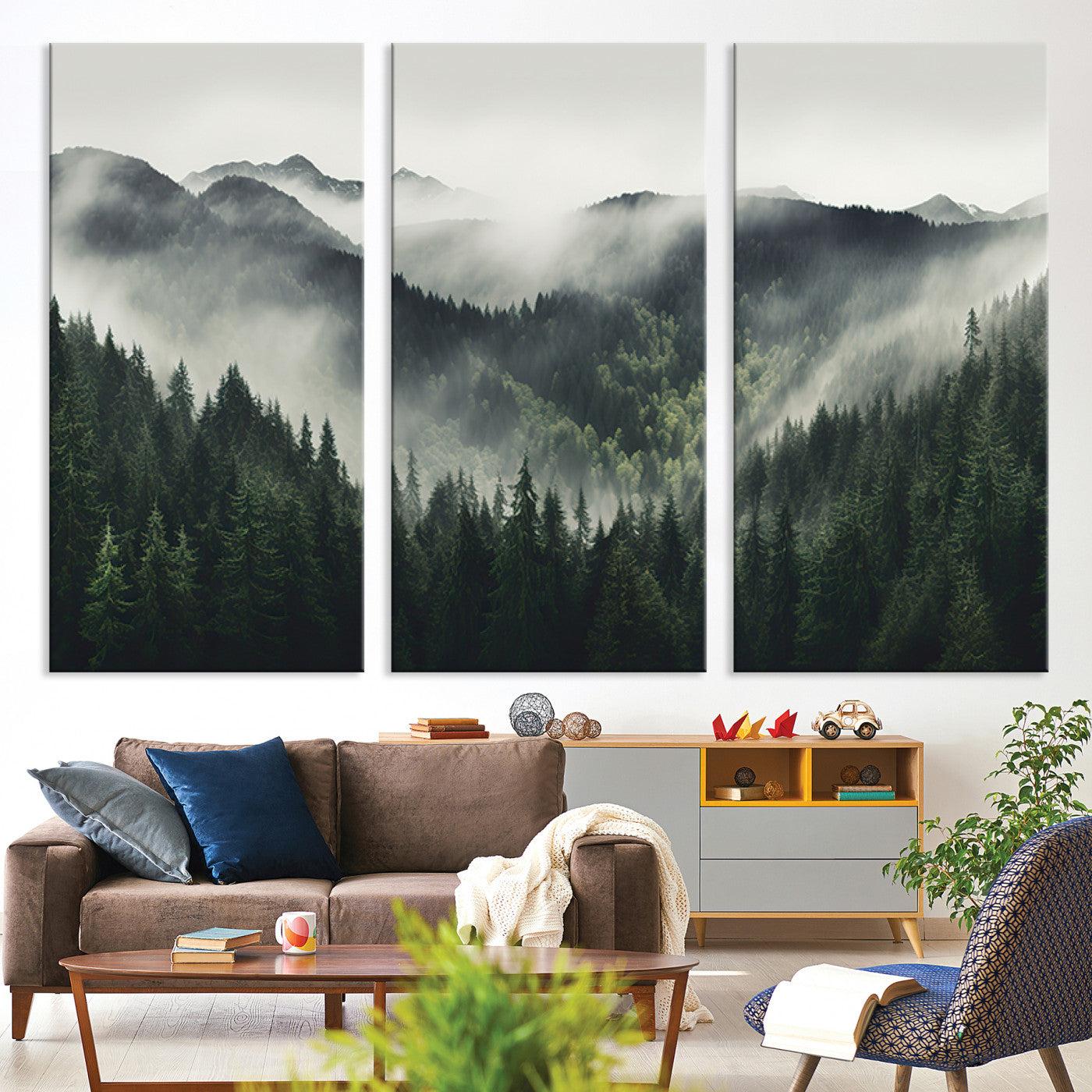 90953-MGV-CV-36X24-Misty Mountain Forest Canvas Wall Art Print – Serene Evergreen Landscape Wall Decor for Home or Office – Ready to Hang Nature Print