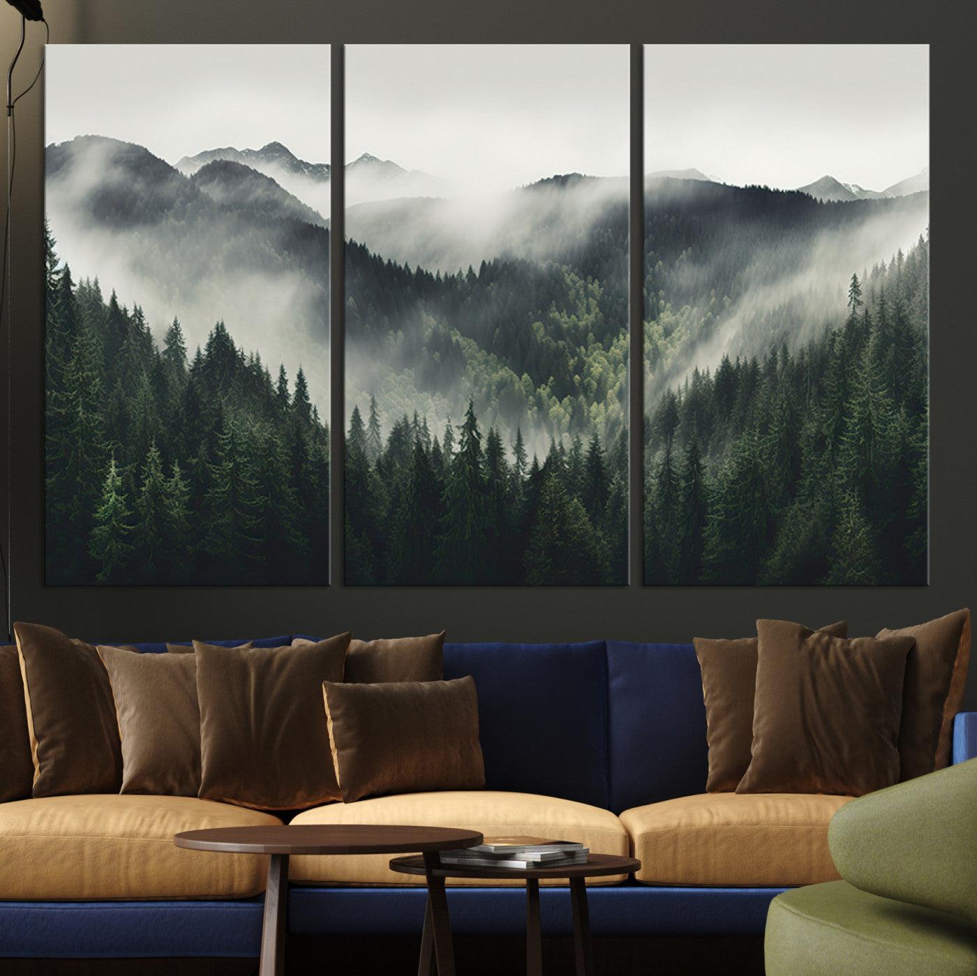 90953-MGV-CV-36X24-Misty Mountain Forest Canvas Wall Art Print – Serene Evergreen Landscape Wall Decor for Home or