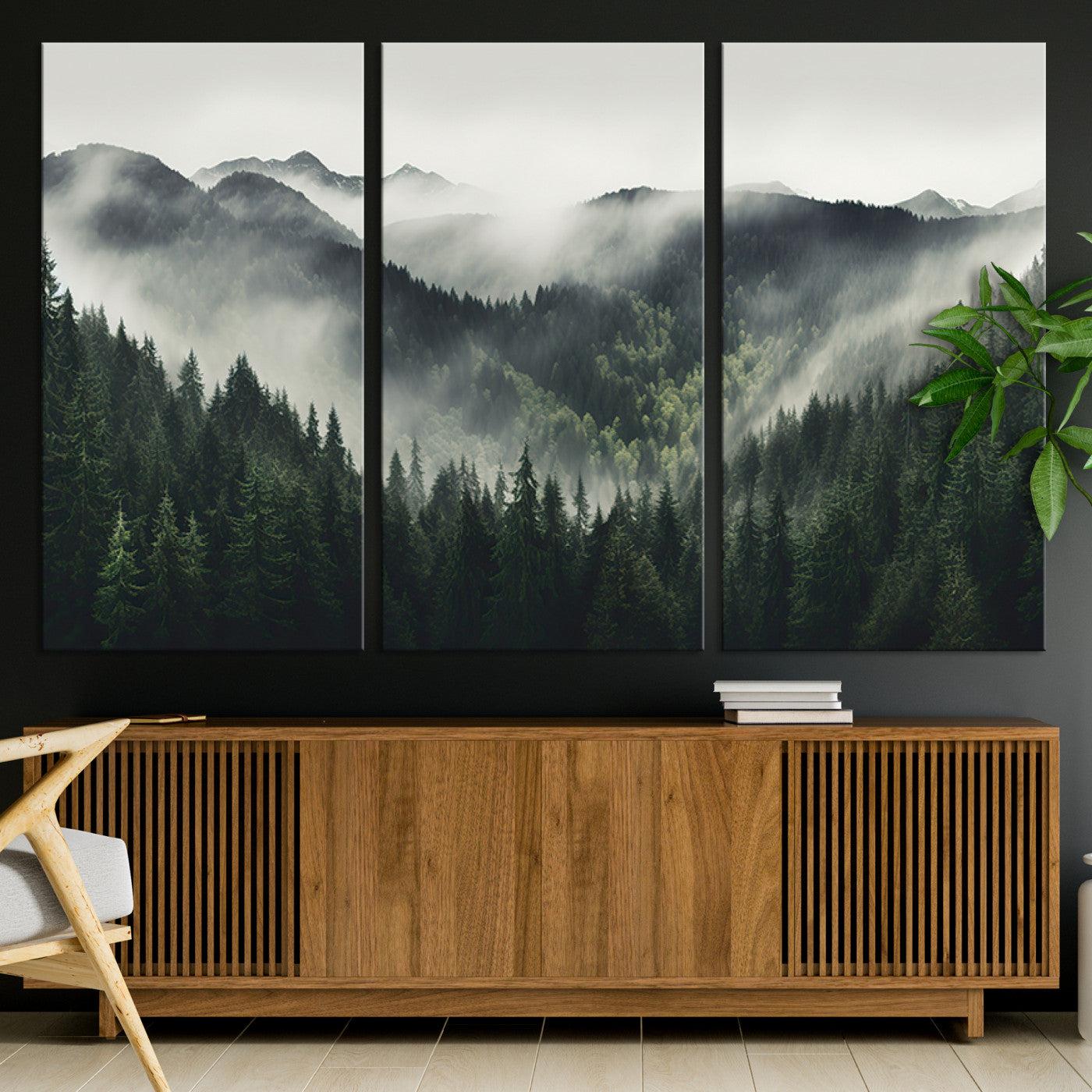 90953-MGV-CV-36X24-Misty Mountain Forest Canvas Wall Art Print – Serene Evergreen Landscape Wall Decor for Home or Office – Ready to Hang Nature Print