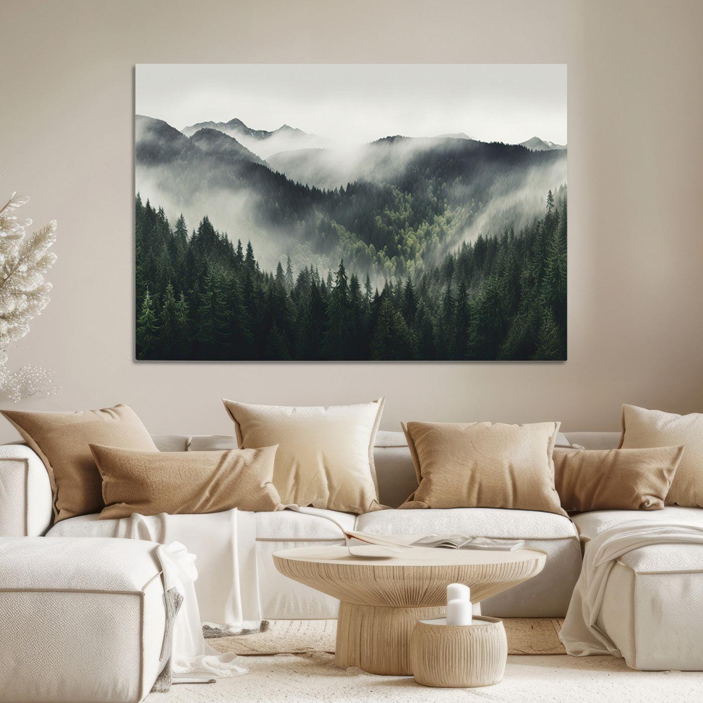 Misty Mountain Forest Canvas Wall Art Print – Serene Evergreen Landscape Wall Decor for Home or Office – Ready to Hang Nature Print