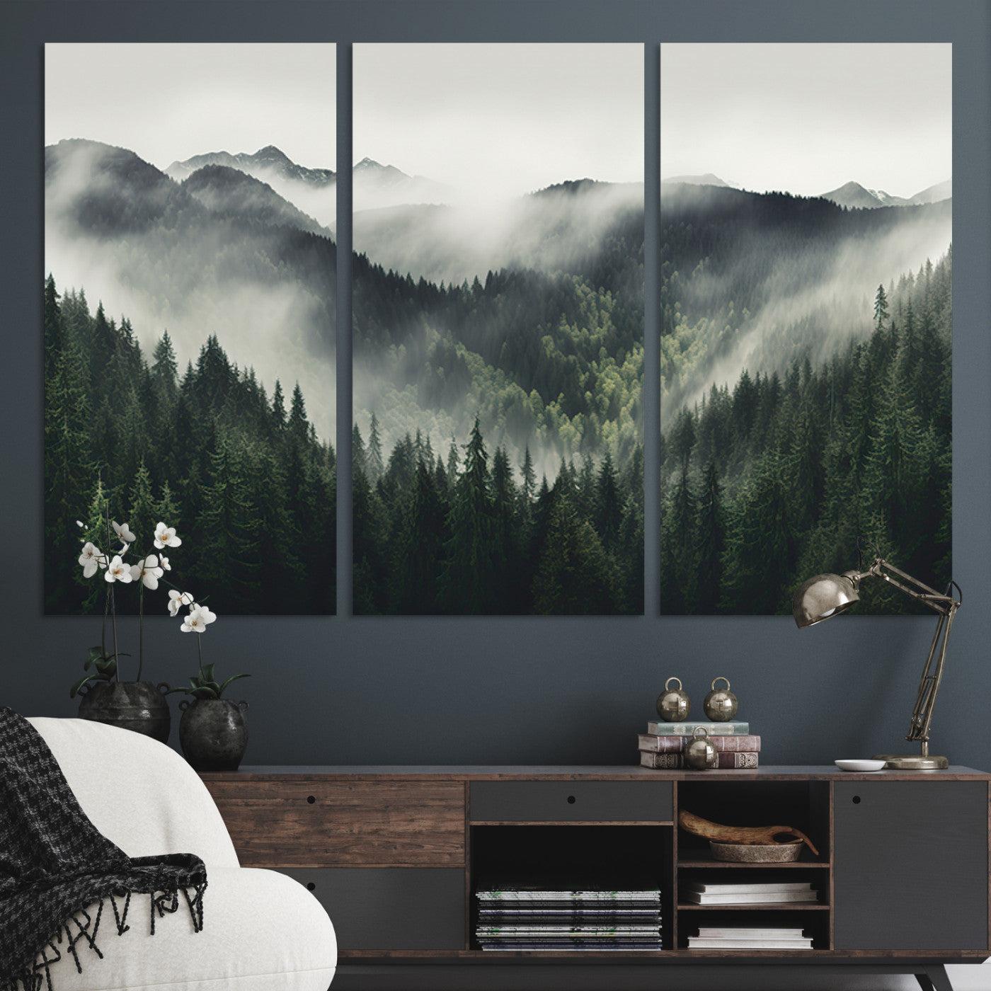 90953-MGV-CV-36X24-Misty Mountain Forest Canvas Wall Art Print – Serene Evergreen Landscape Wall Decor for Home or Office – Ready to Hang Nature Print
