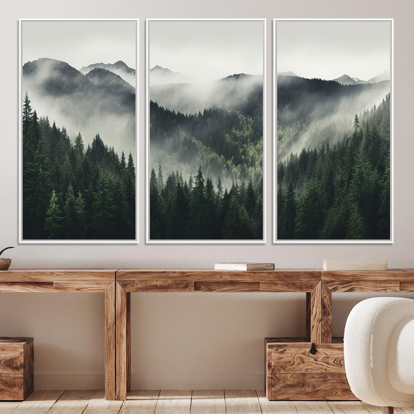 90953-MGV-CV-36X24-Misty Mountain Forest Canvas Wall Art Print – Serene Evergreen Landscape Wall Decor for Home or Office – Ready to Hang Nature Print