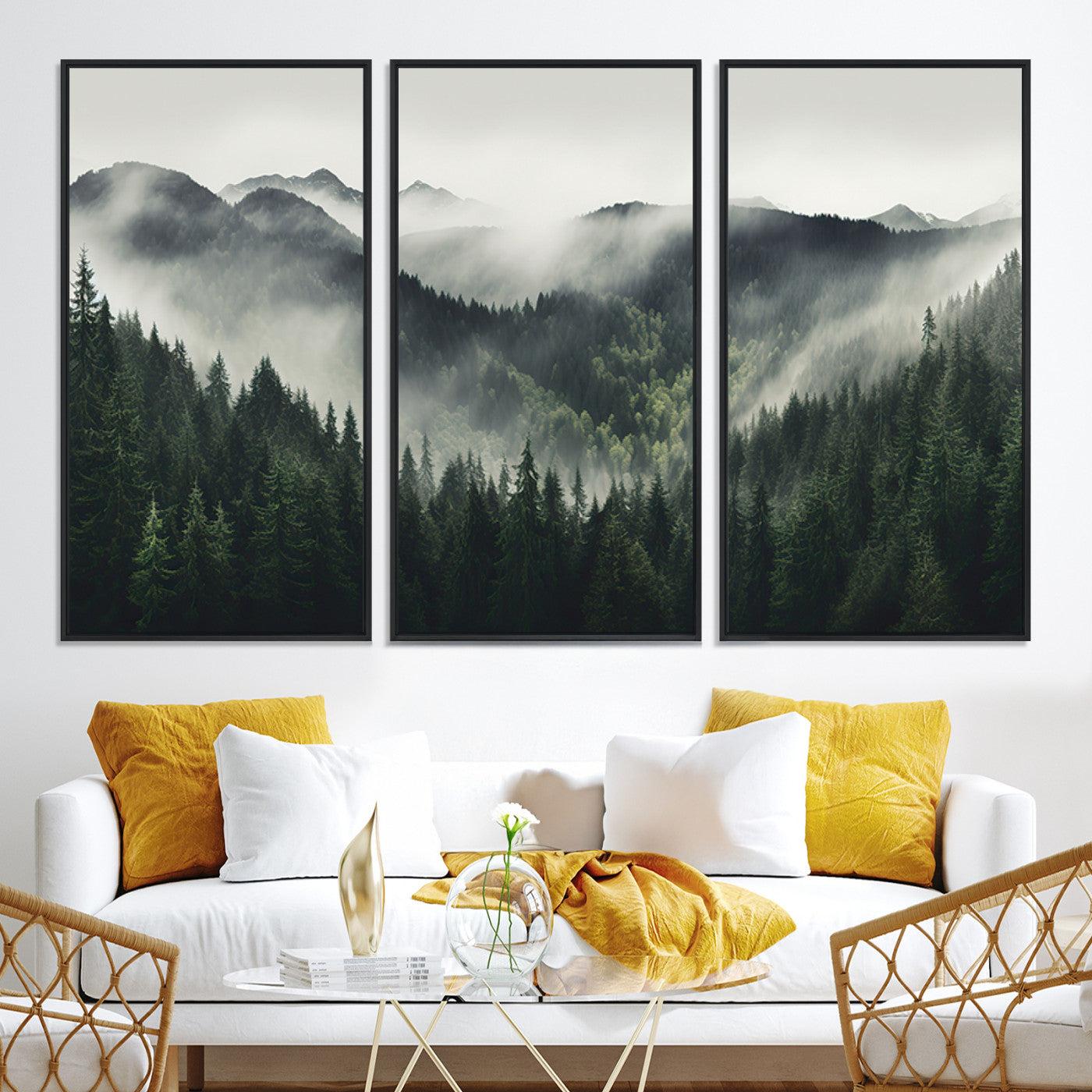 90953-MGV-CV-36X24-Misty Mountain Forest Canvas Wall Art Print – Serene Evergreen Landscape Wall Decor for Home or Office – Ready to Hang Nature Print
