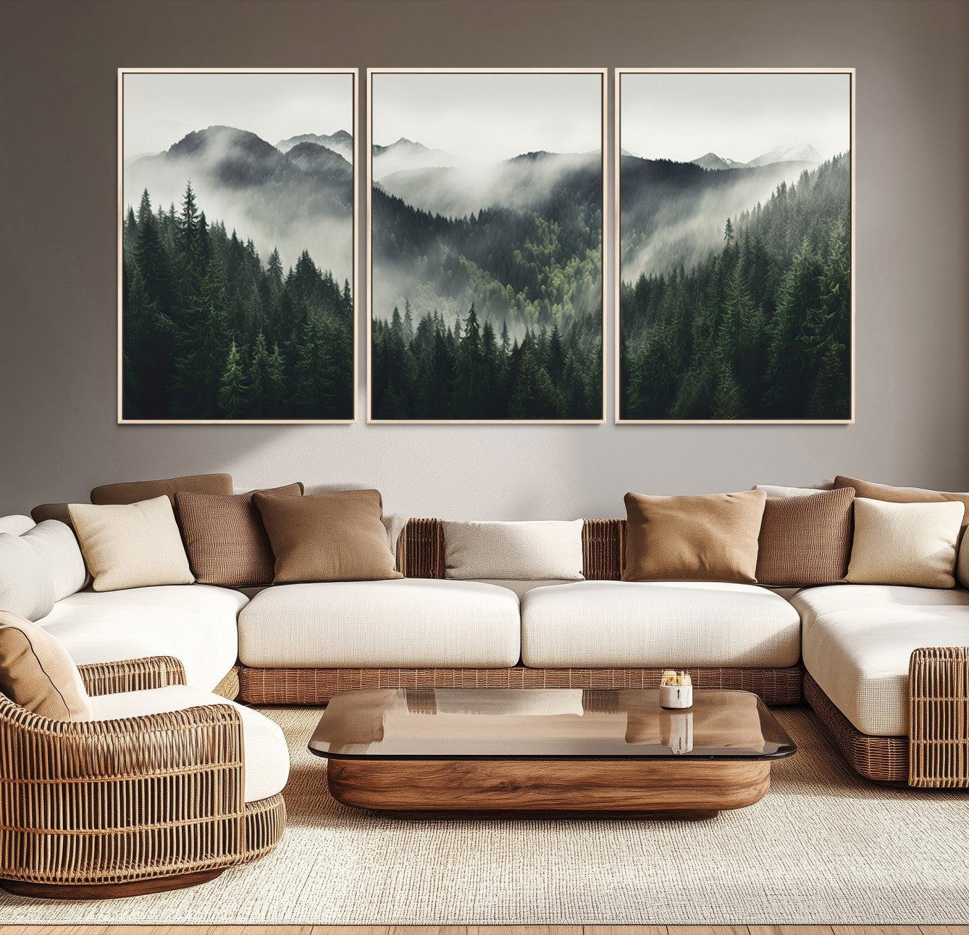 90953-MGV-CV-36X24-Misty Mountain Forest Canvas Wall Art Print – Serene Evergreen Landscape Wall Decor for Home or