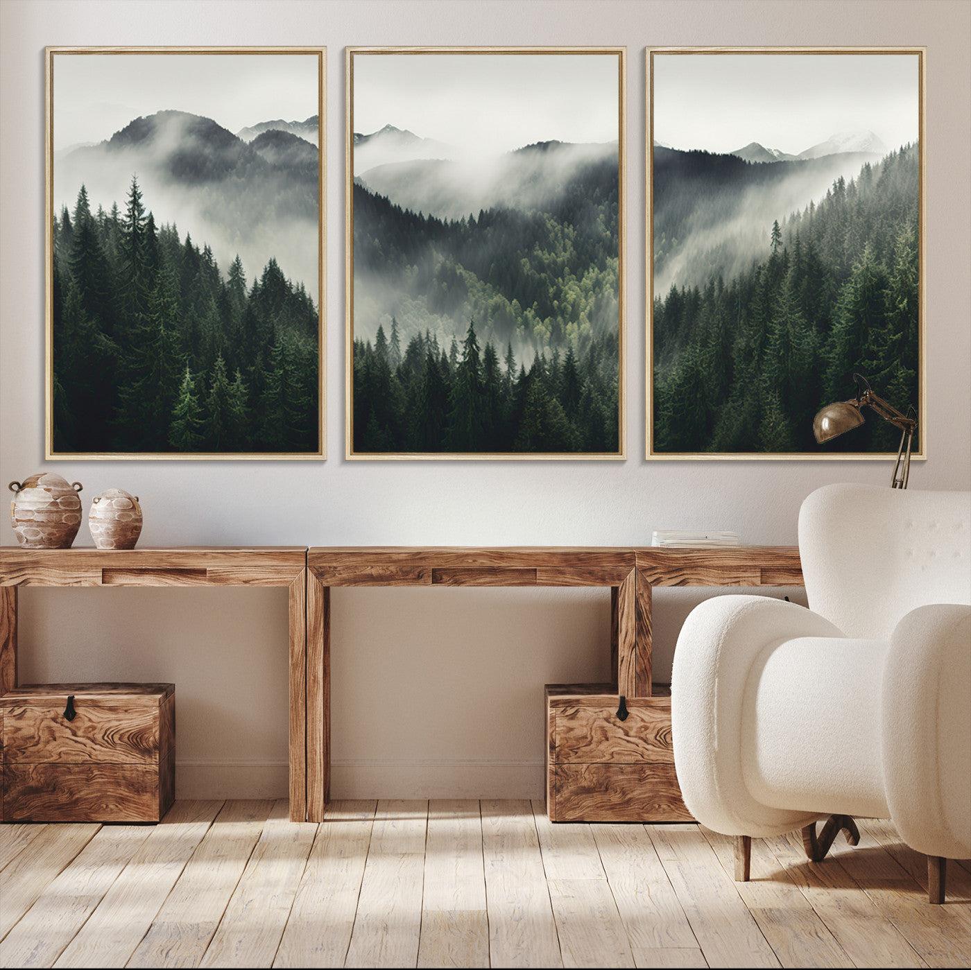 90953-MGV-CV-36X24-Misty Mountain Forest Canvas Wall Art Print – Serene Evergreen Landscape Wall Decor for Home or