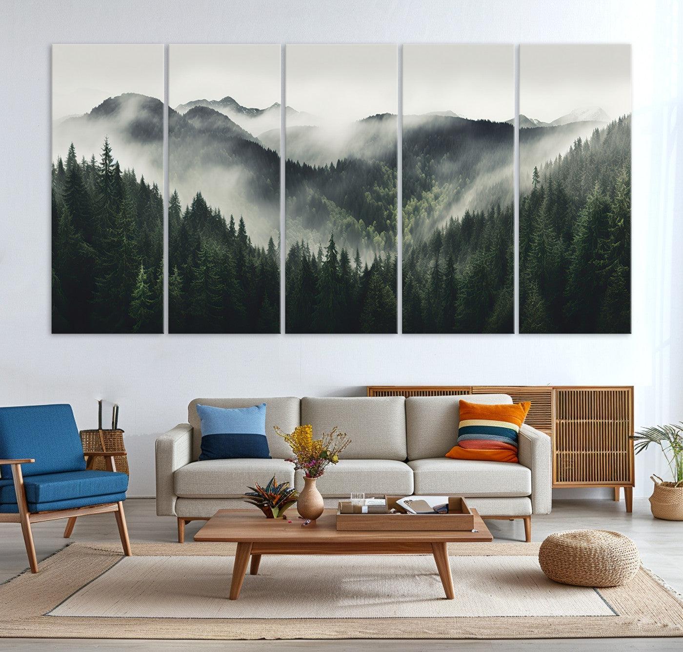 90953-MGV-CV-36X24-Misty Mountain Forest Canvas Wall Art Print – Serene Evergreen Landscape Wall Decor for Home or