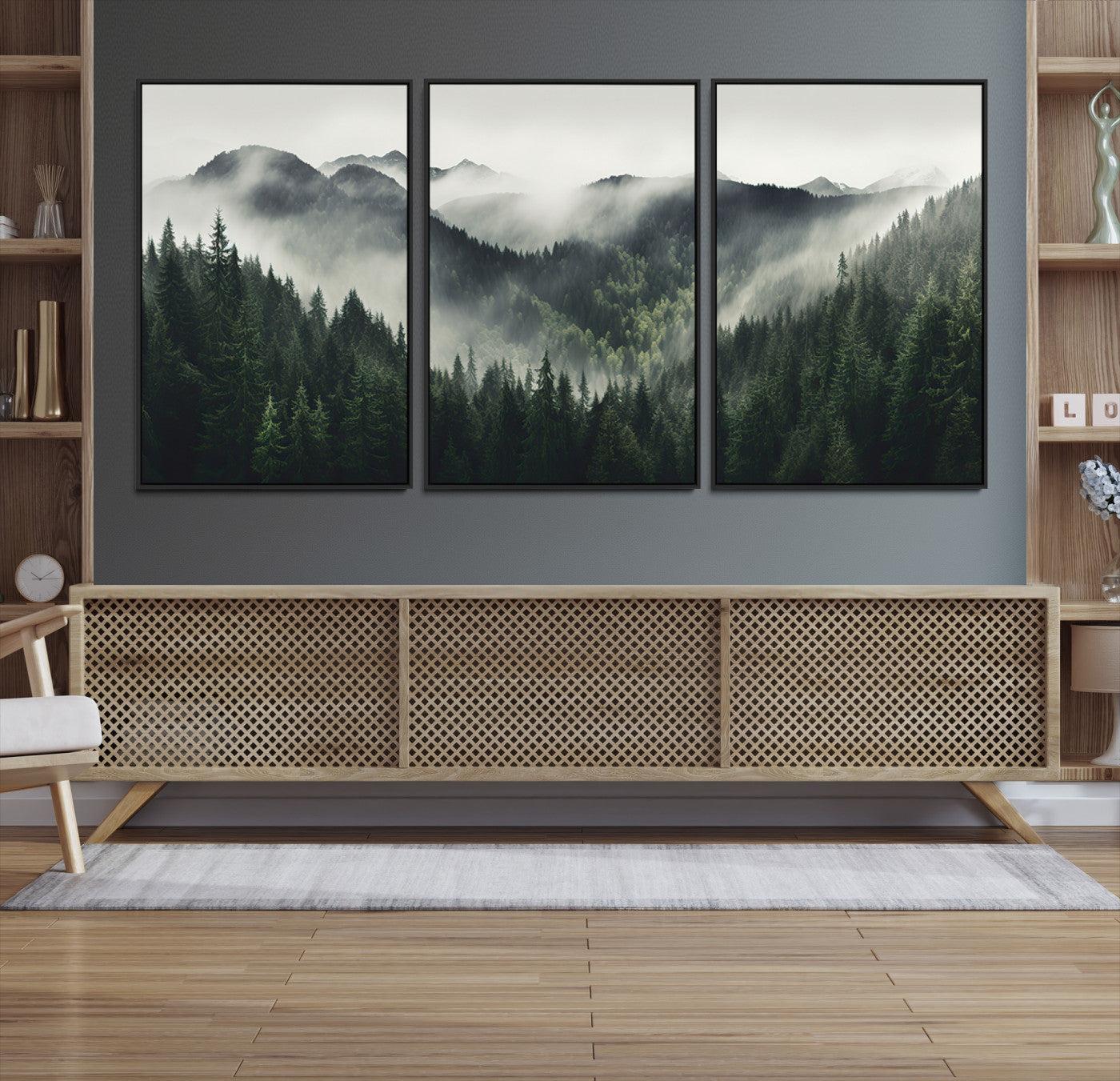 90953-MGV-CV-36X24-Misty Mountain Forest Canvas Wall Art Print – Serene Evergreen Landscape Wall Decor for Home or