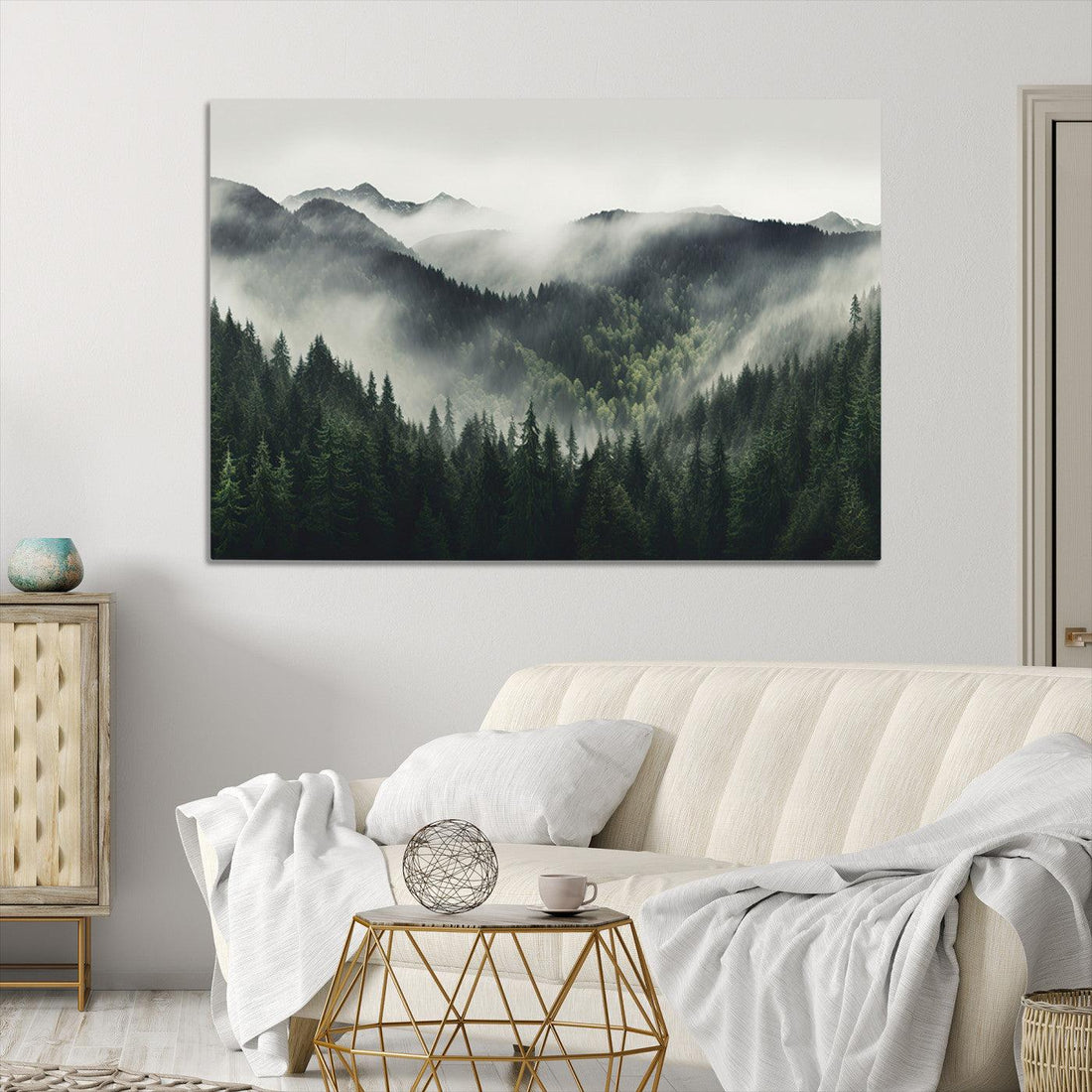 Misty Mountain Forest Canvas Wall Art Print | Serene Evergreen Landscape