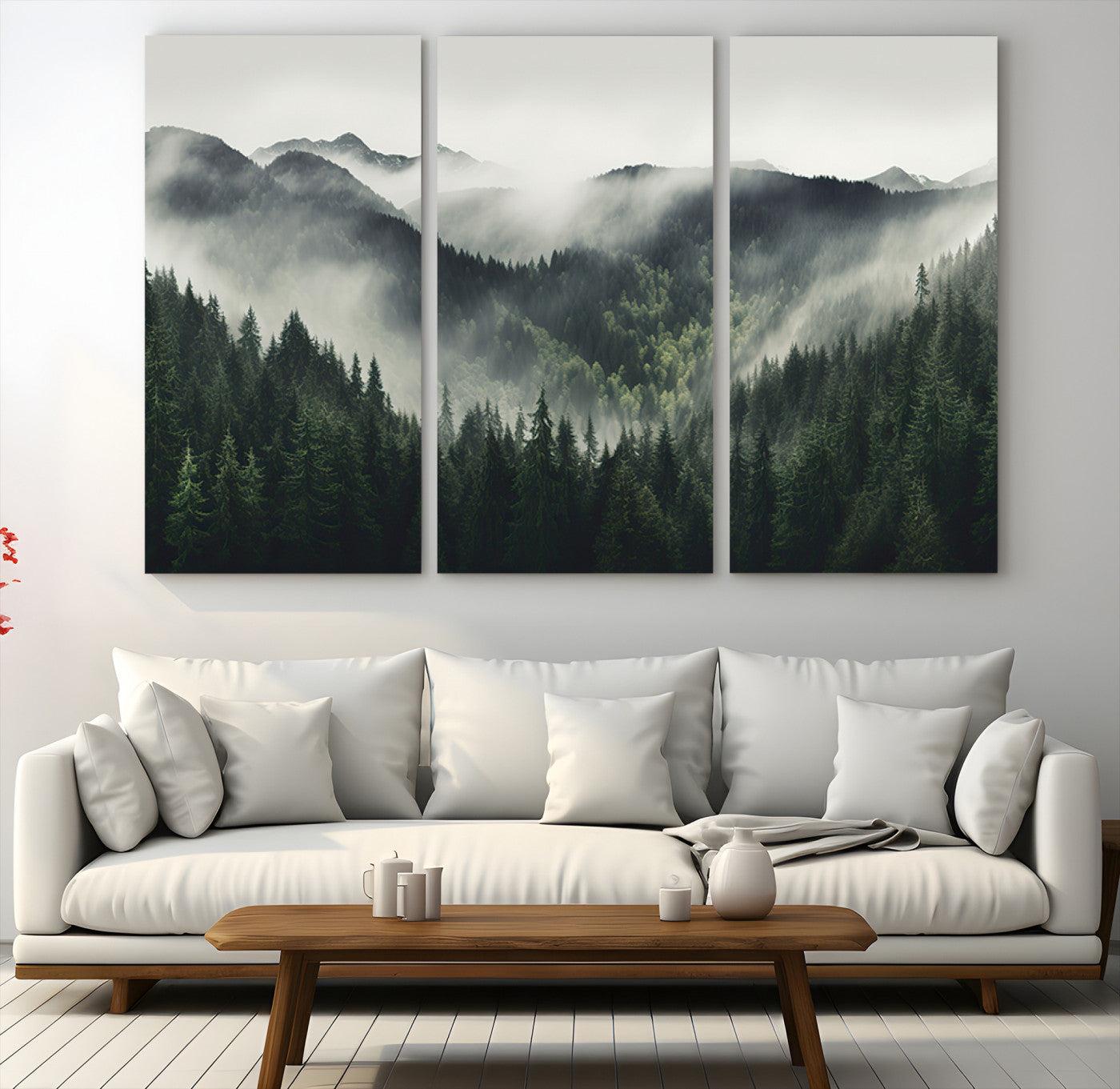 90953-MGV-CV-48X32-3P-Misty Mountain Forest Canvas Wall Art Print – Serene Evergreen Landscape Wall Decor for Home or