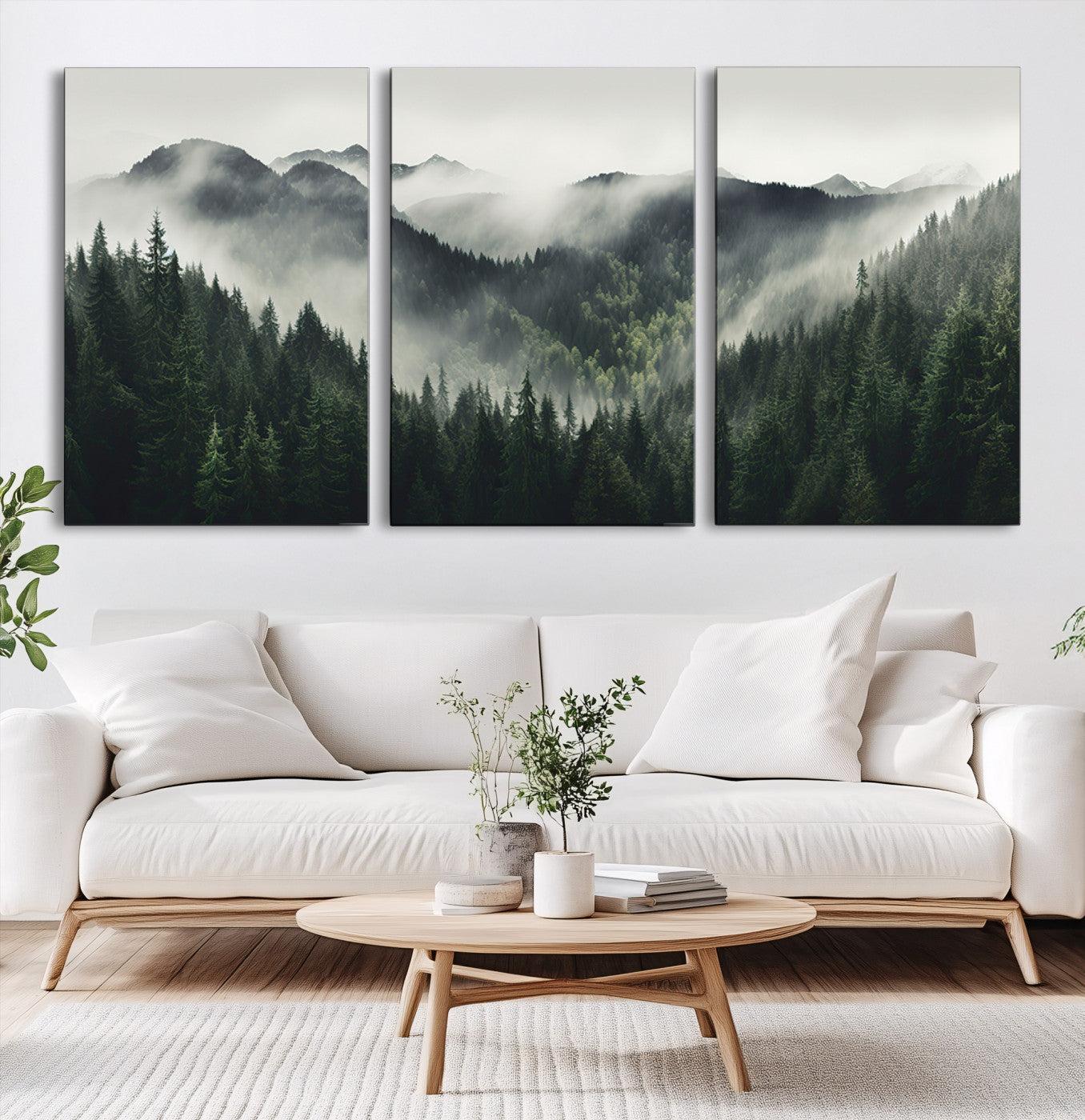 90953-MGV-CV-60X30-3P-Misty Mountain Forest Canvas Wall Art Print – Serene Evergreen Landscape Wall Decor for Home or
