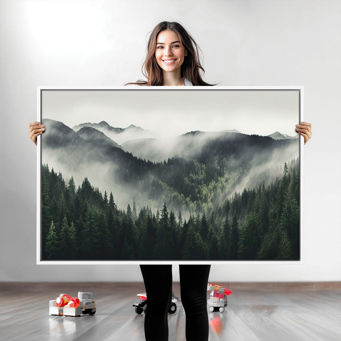 Misty Mountain Forest Canvas Wall Art Print – Serene Evergreen Landscape Wall Decor for Home or Office – Ready to Hang Nature Print