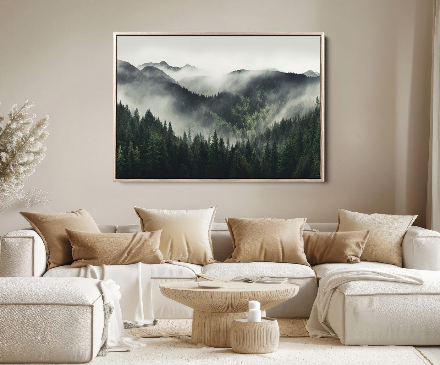 90953-MGV-FC-36X24_Natural-Misty Mountain Forest Canvas Wall Art Print – Serene Evergreen Landscape Wall Decor for Home or